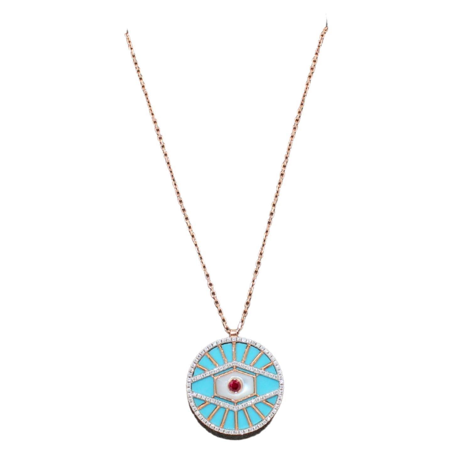 Diamond Halo Evil Eye Turquoise 18K Rose Gold Pendant Charm Medallion Necklace
