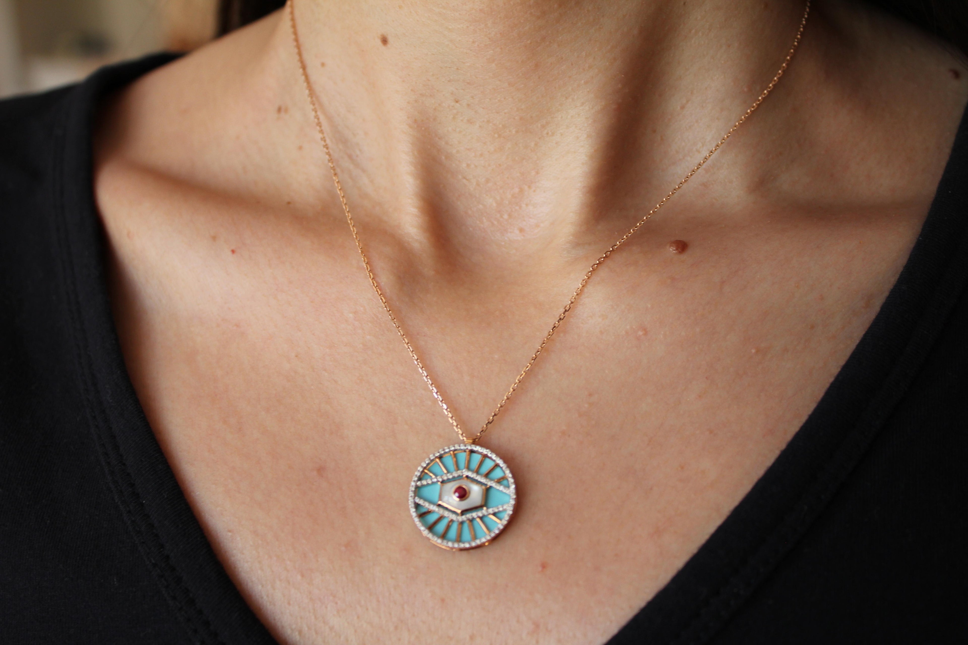 Diamond Halo Evil Eye Turquoise 18K Rose Gold Pendant Charm Medallion Necklace