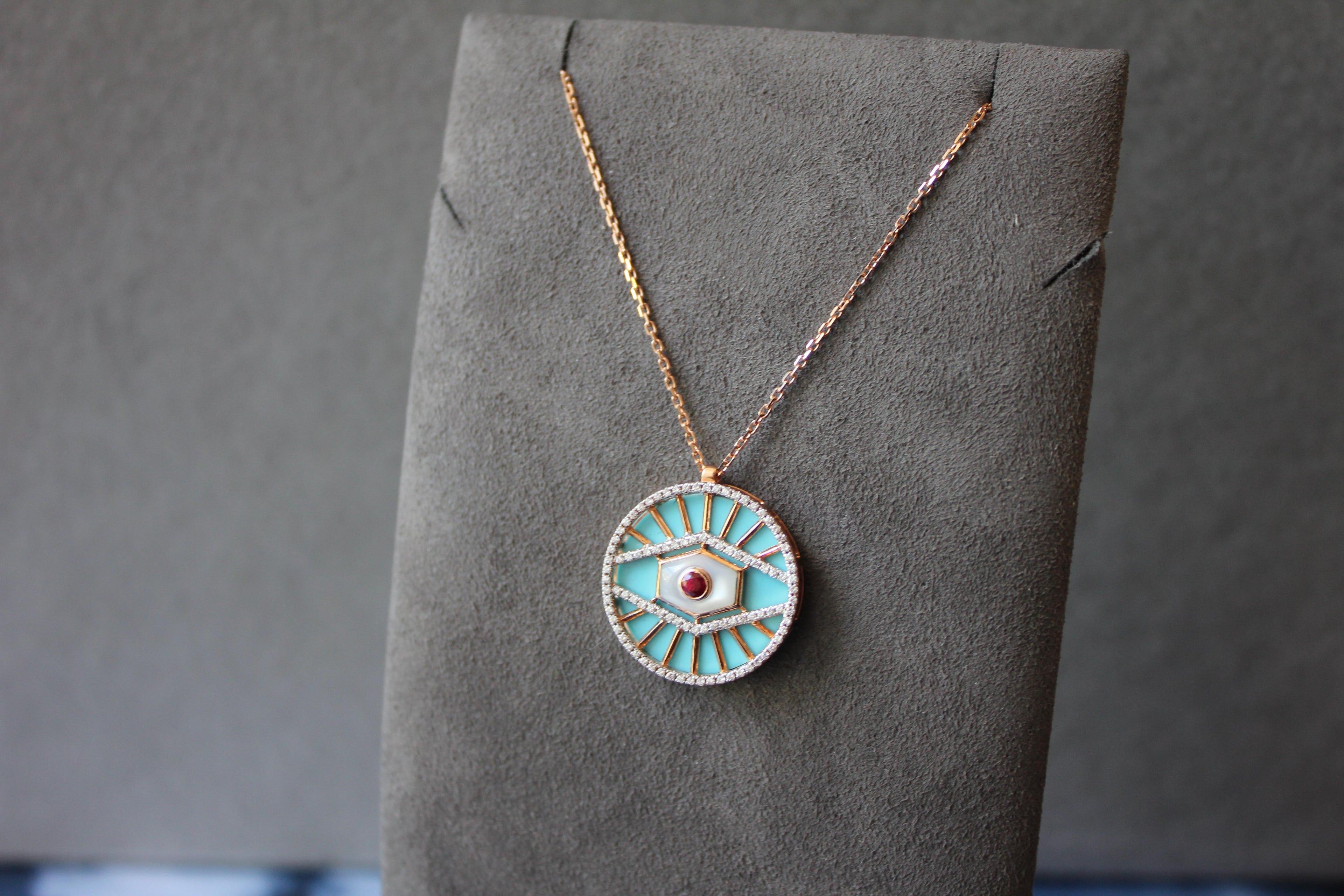 Diamond Halo Evil Eye Turquoise 18K Rose Gold Pendant Charm Medallion Necklace