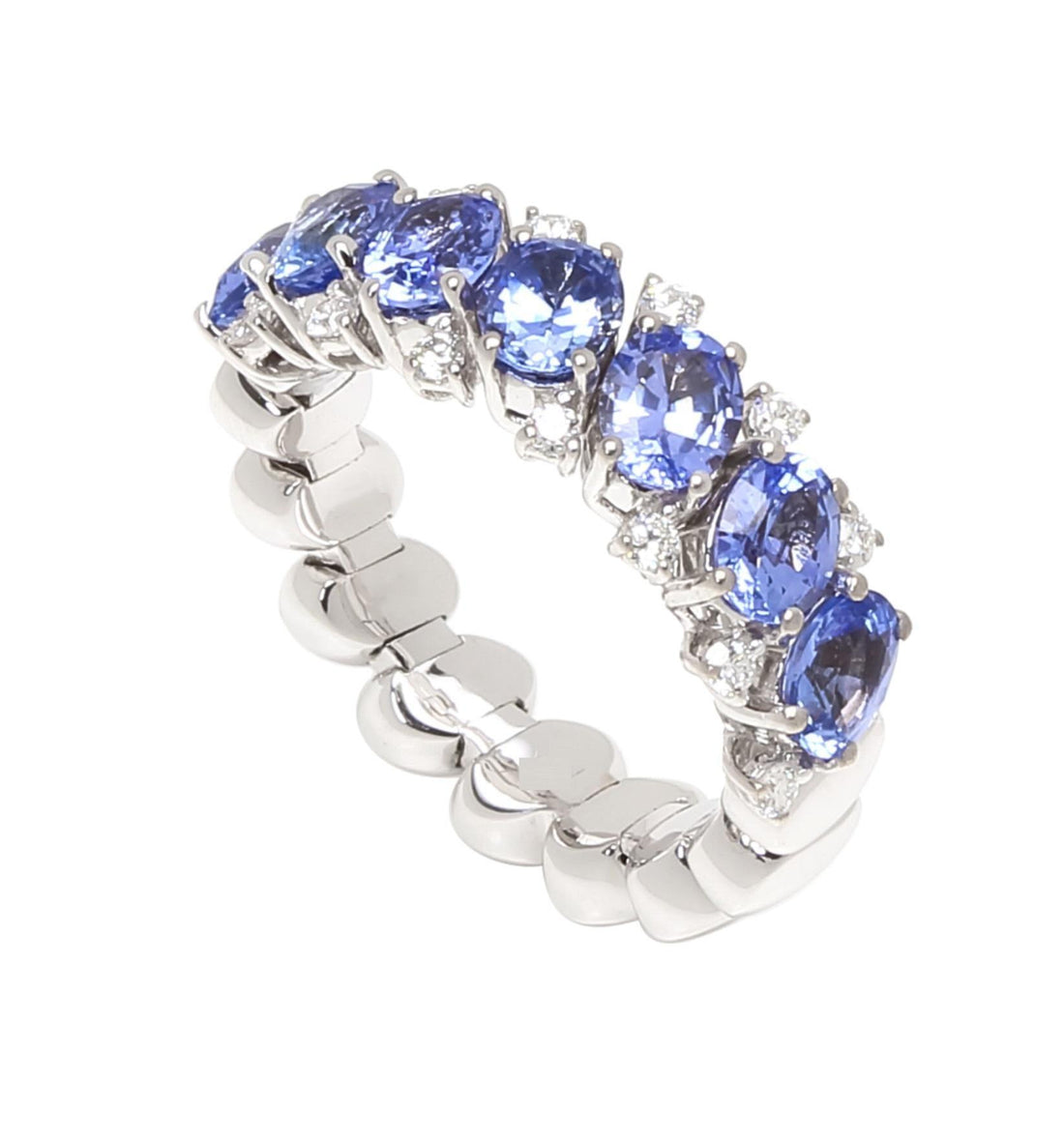 Diamond Light Blue Sapphire Eternity Band Stretchy Flexible White Gold Ring