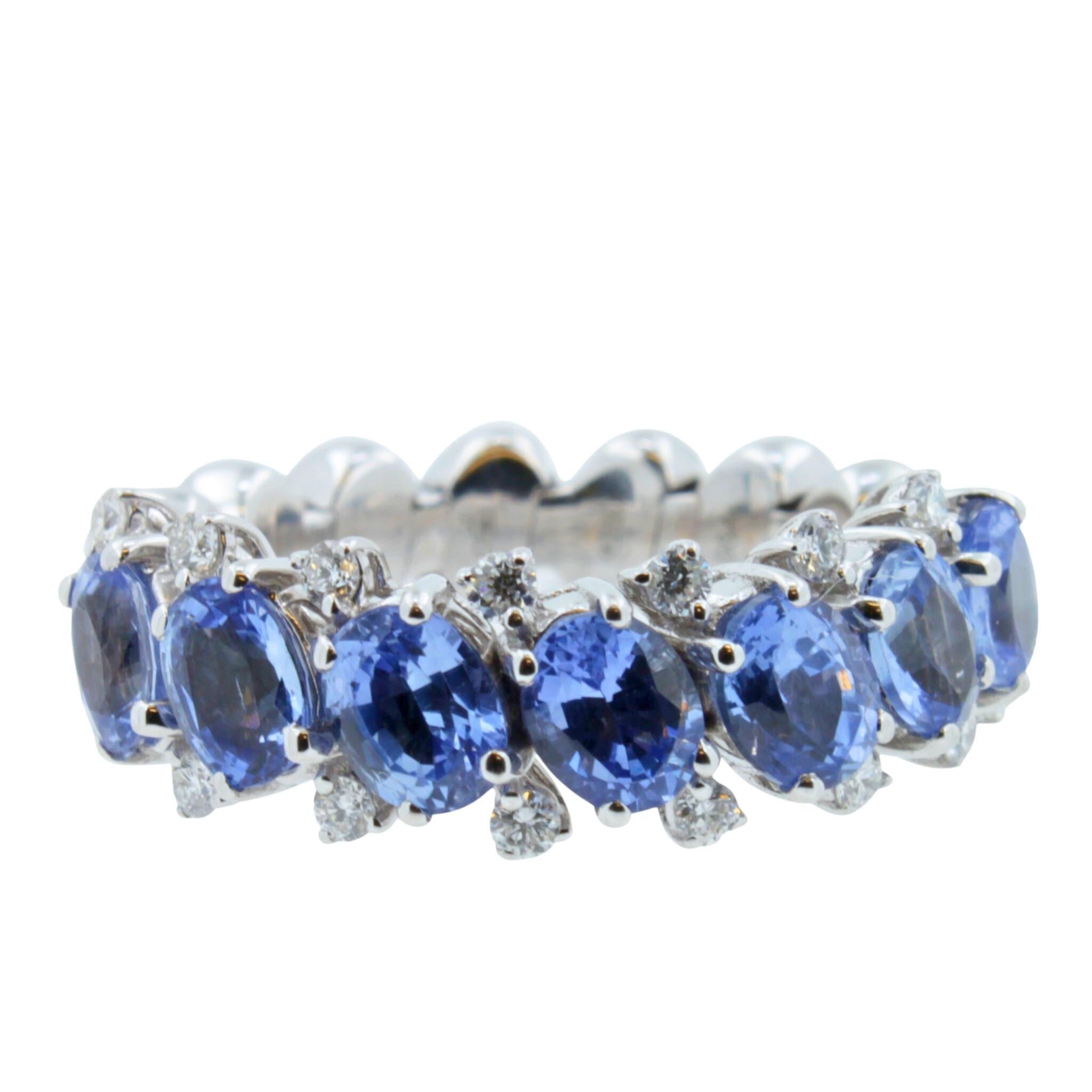 Diamond Light Blue Sapphire Eternity Band Stretchy Flexible White Gold Ring