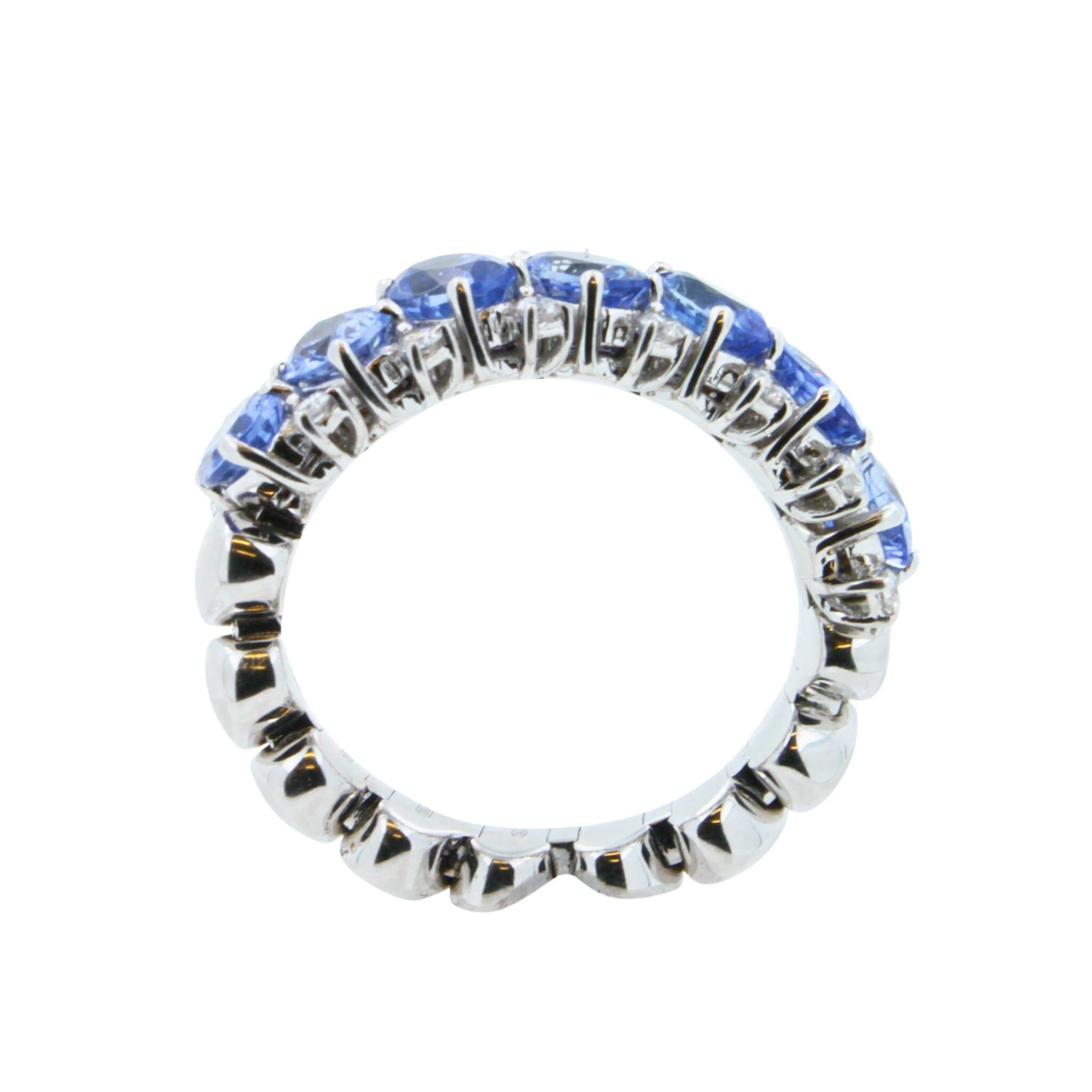 Diamond Light Blue Sapphire Eternity Band Stretchy Flexible White Gold Ring