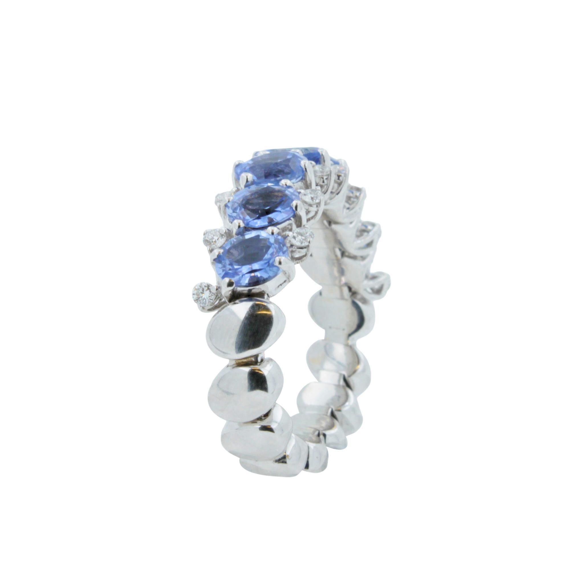Diamond Light Blue Sapphire Eternity Band Stretchy Flexible White Gold Ring