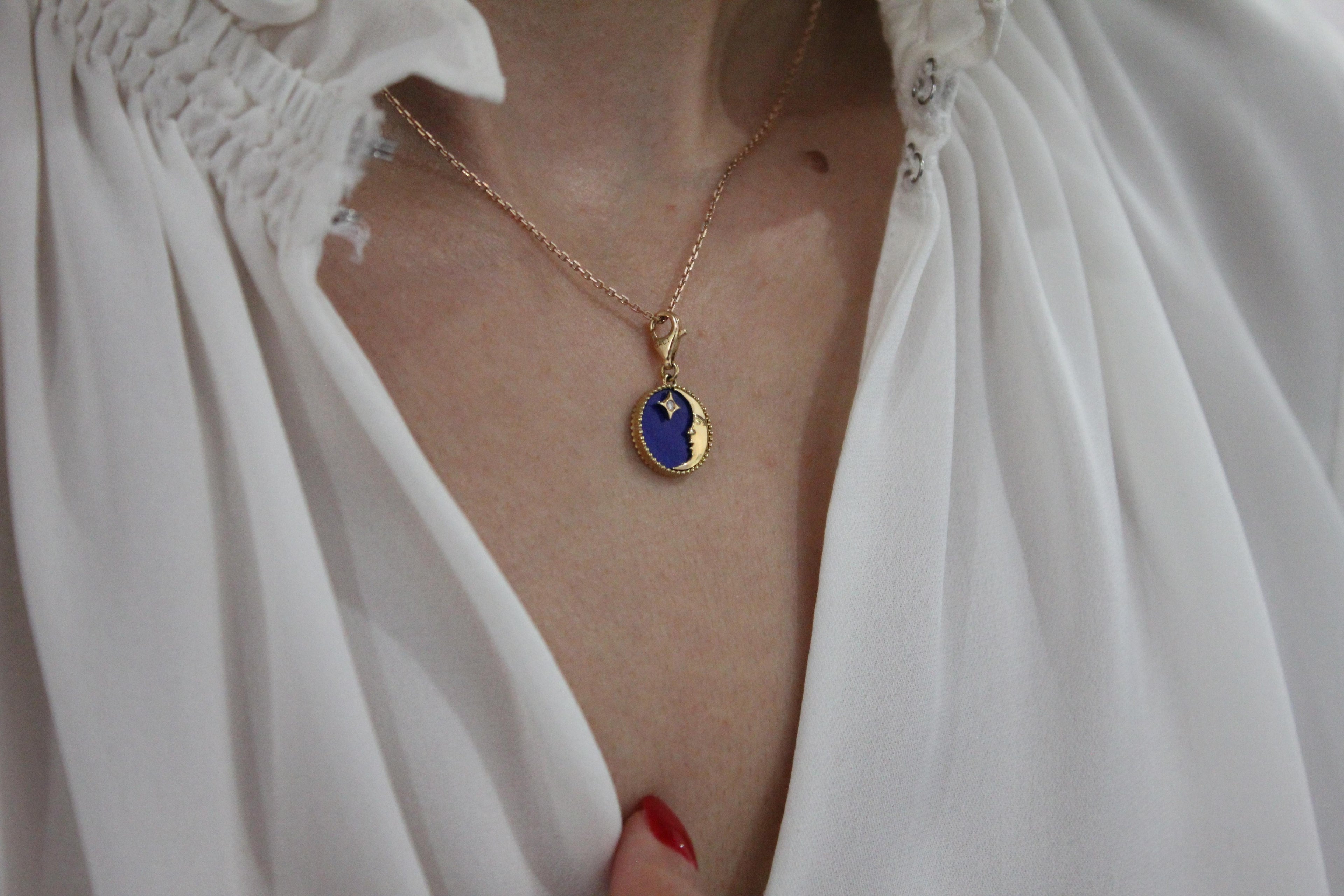 Diamond Lunar Moon Celestial Star Sky Gold Blue Lapis Lazuli Medallion Pendant