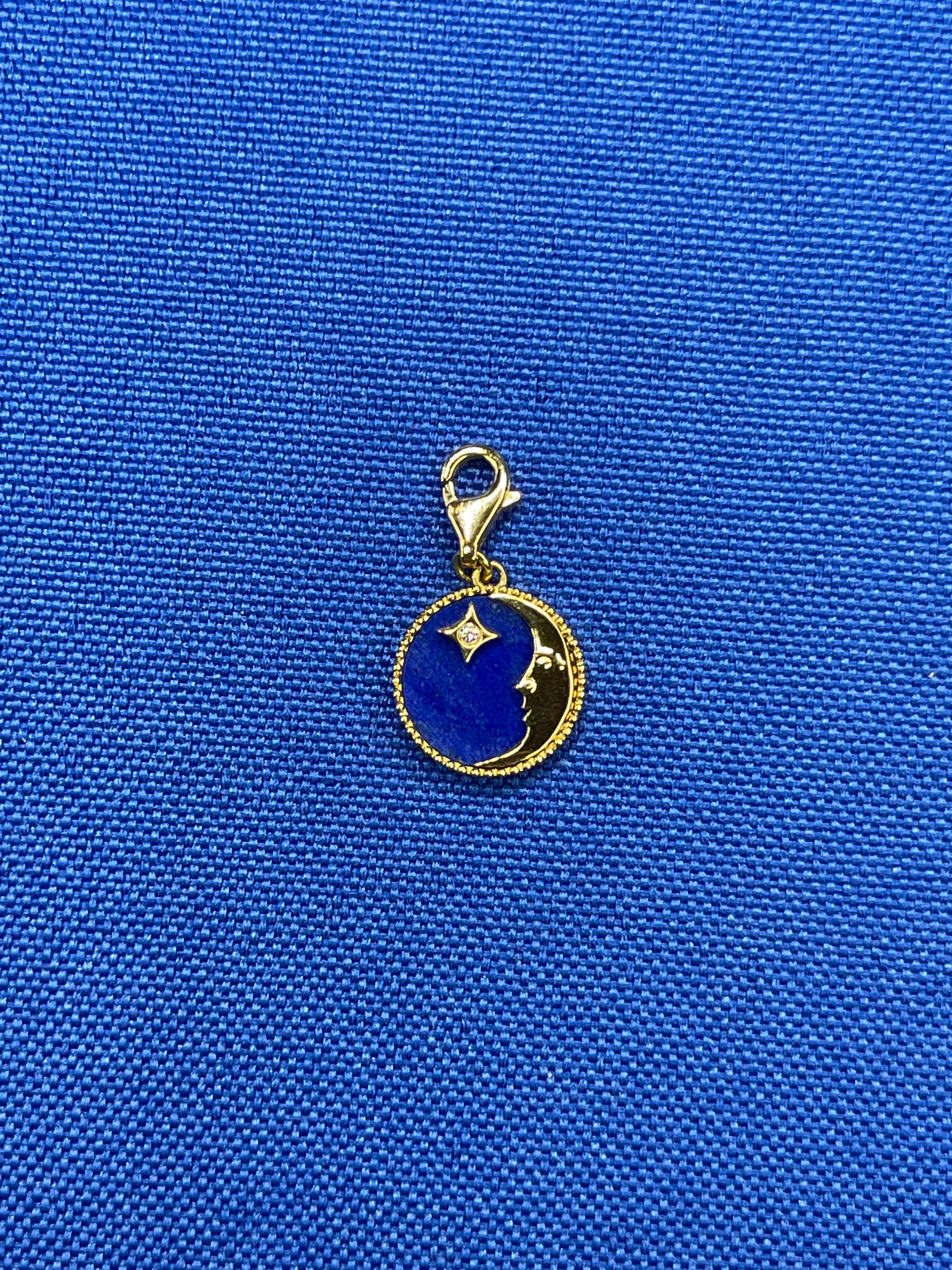Diamond Lunar Moon Celestial Star Sky Gold Blue Lapis Lazuli Medallion Pendant
