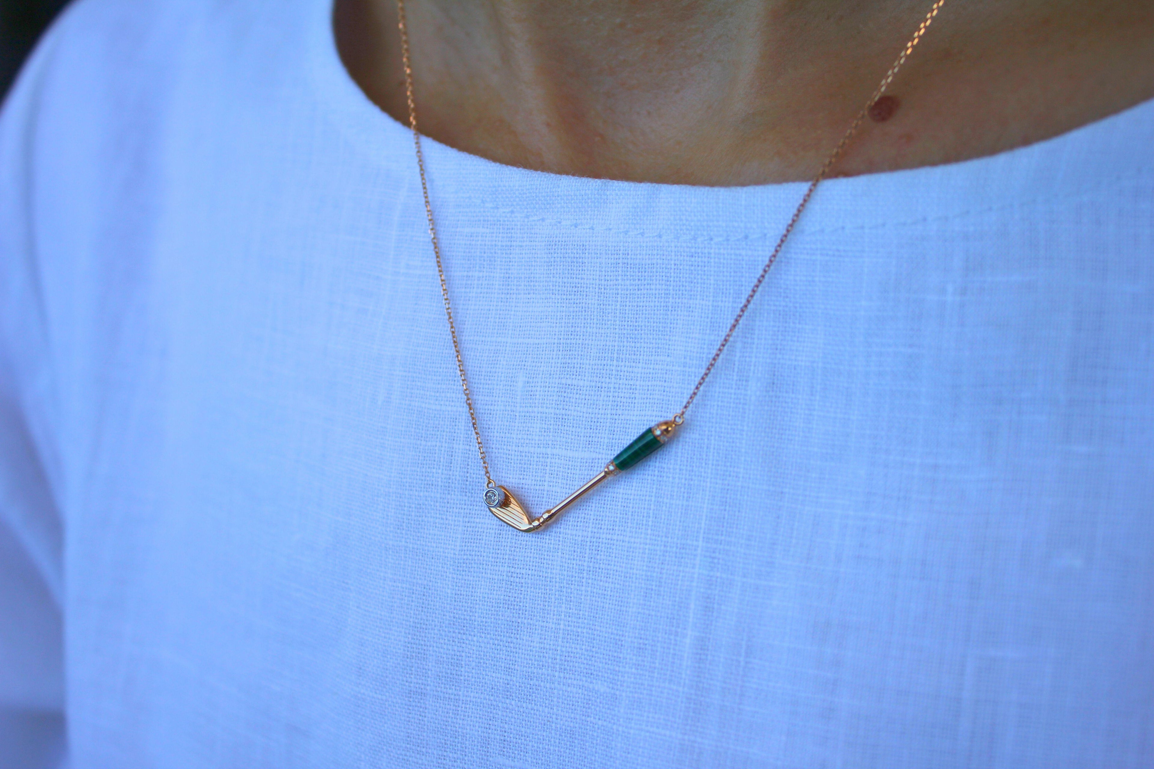 Diamond Malachite Golf Club Birdie Charm 18 Karat Yellow Gold Necklace Pendant