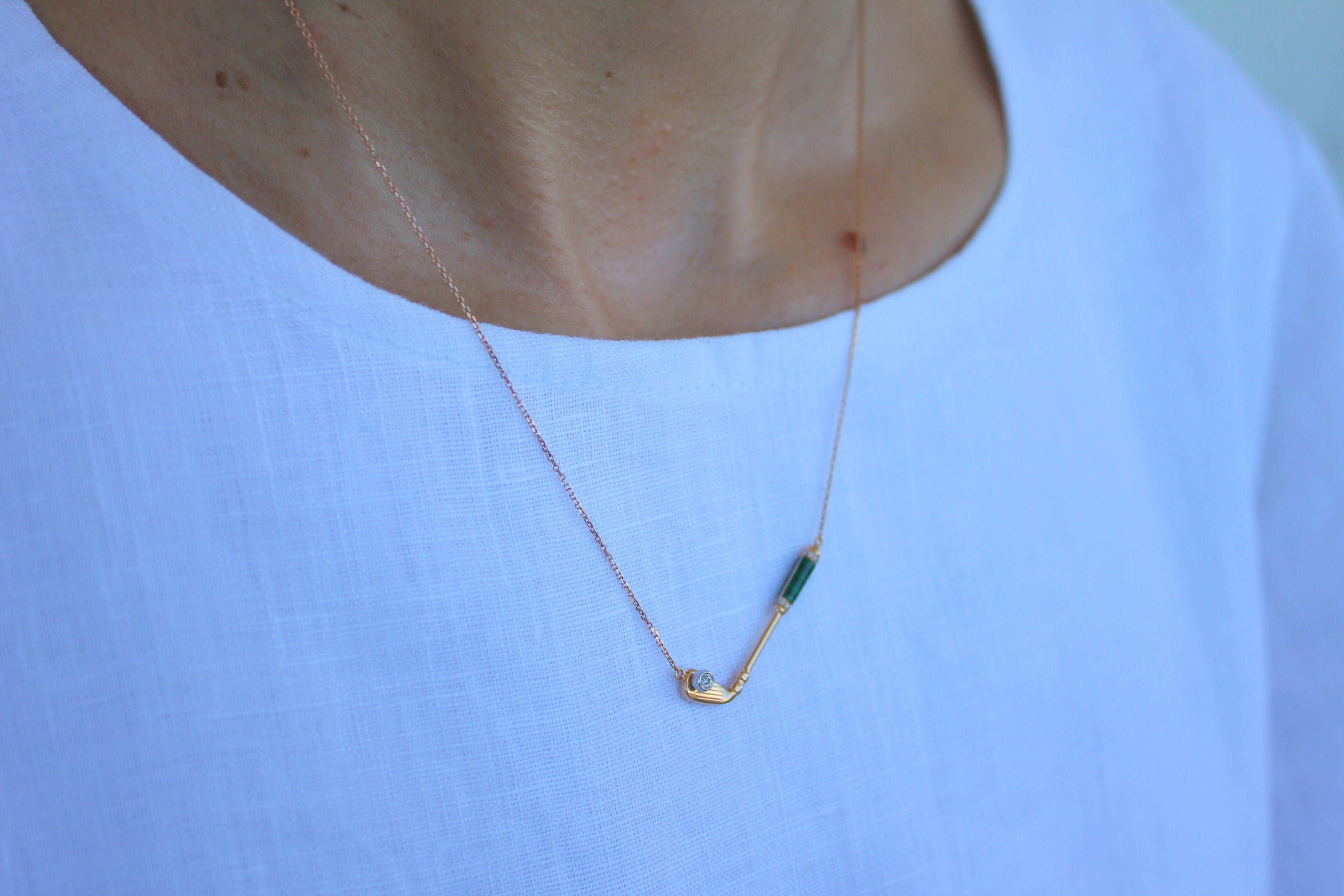Diamond Malachite Golf Club Birdie Charm 18 Karat Yellow Gold Necklace Pendant