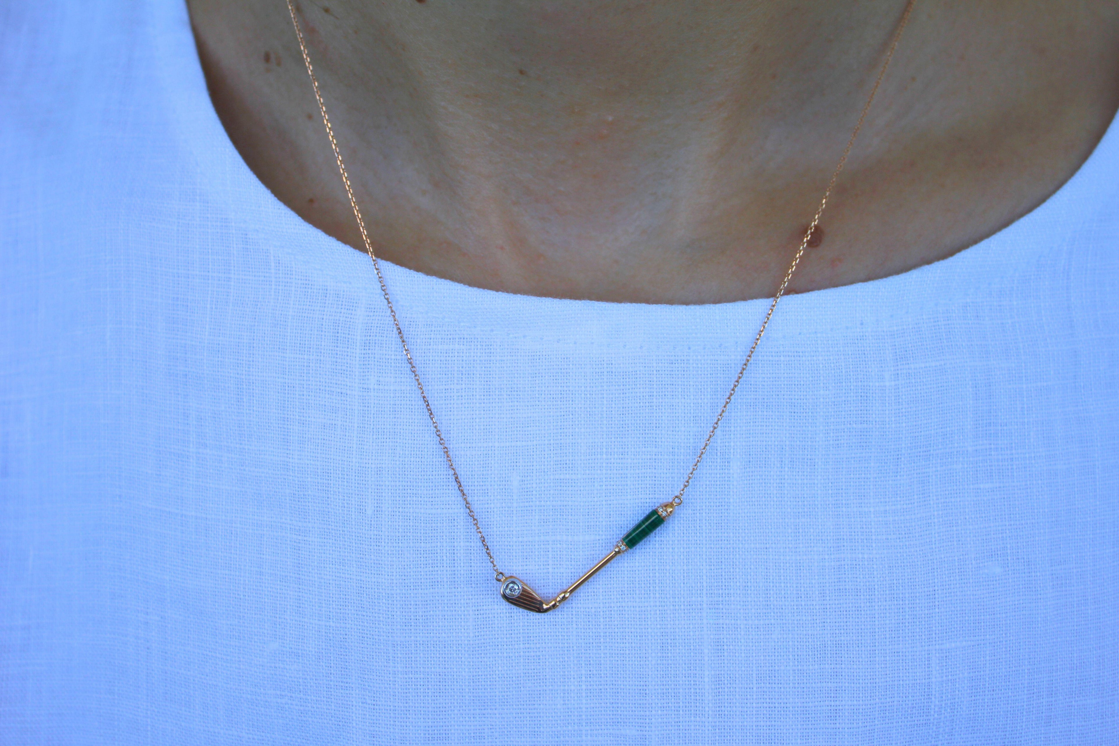 Diamond Malachite Golf Club Birdie Charm 18 Karat Yellow Gold Necklace Pendant