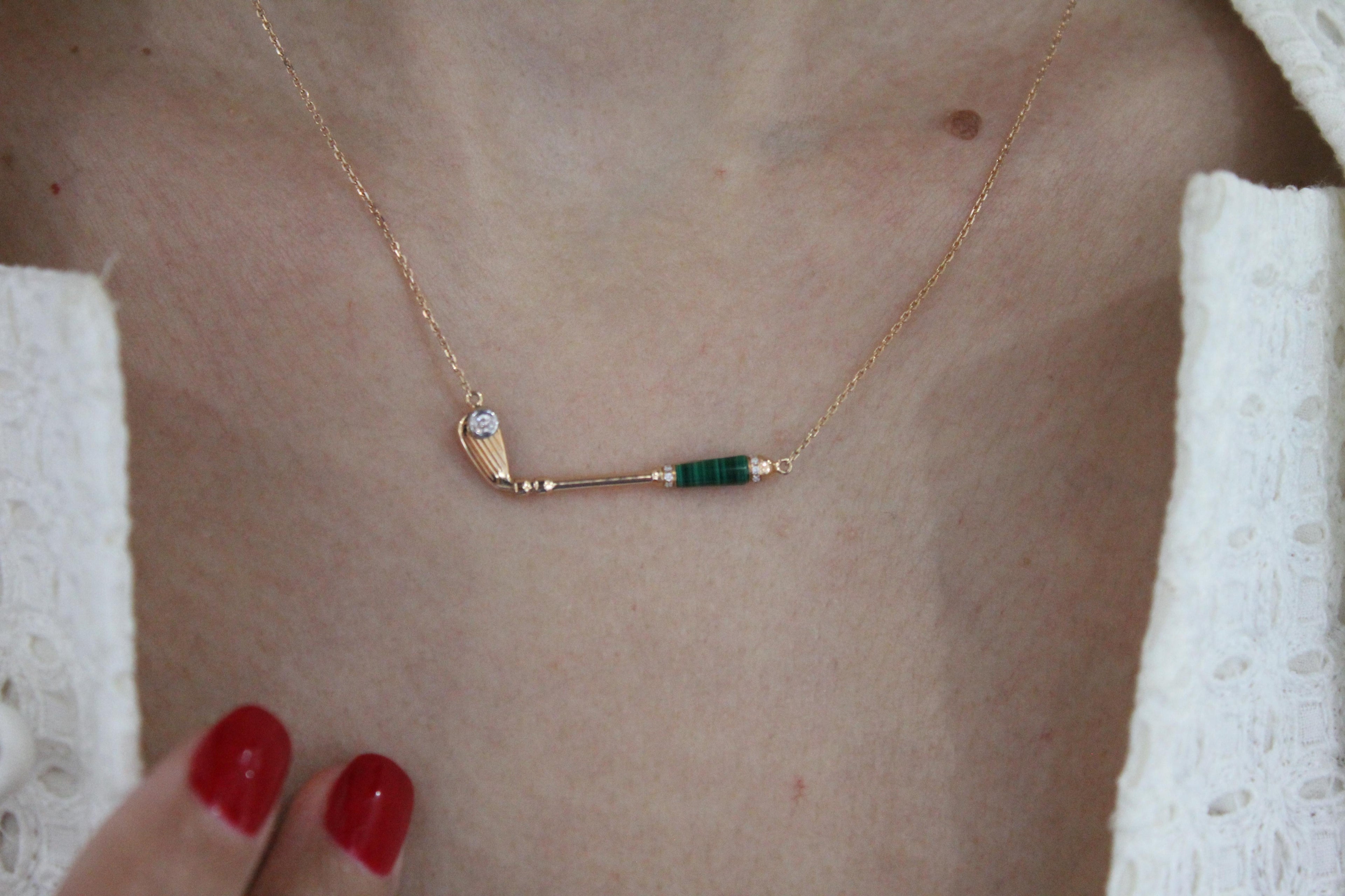Diamond Malachite Golf Club Birdie Charm 18 Karat Yellow Gold Necklace Pendant