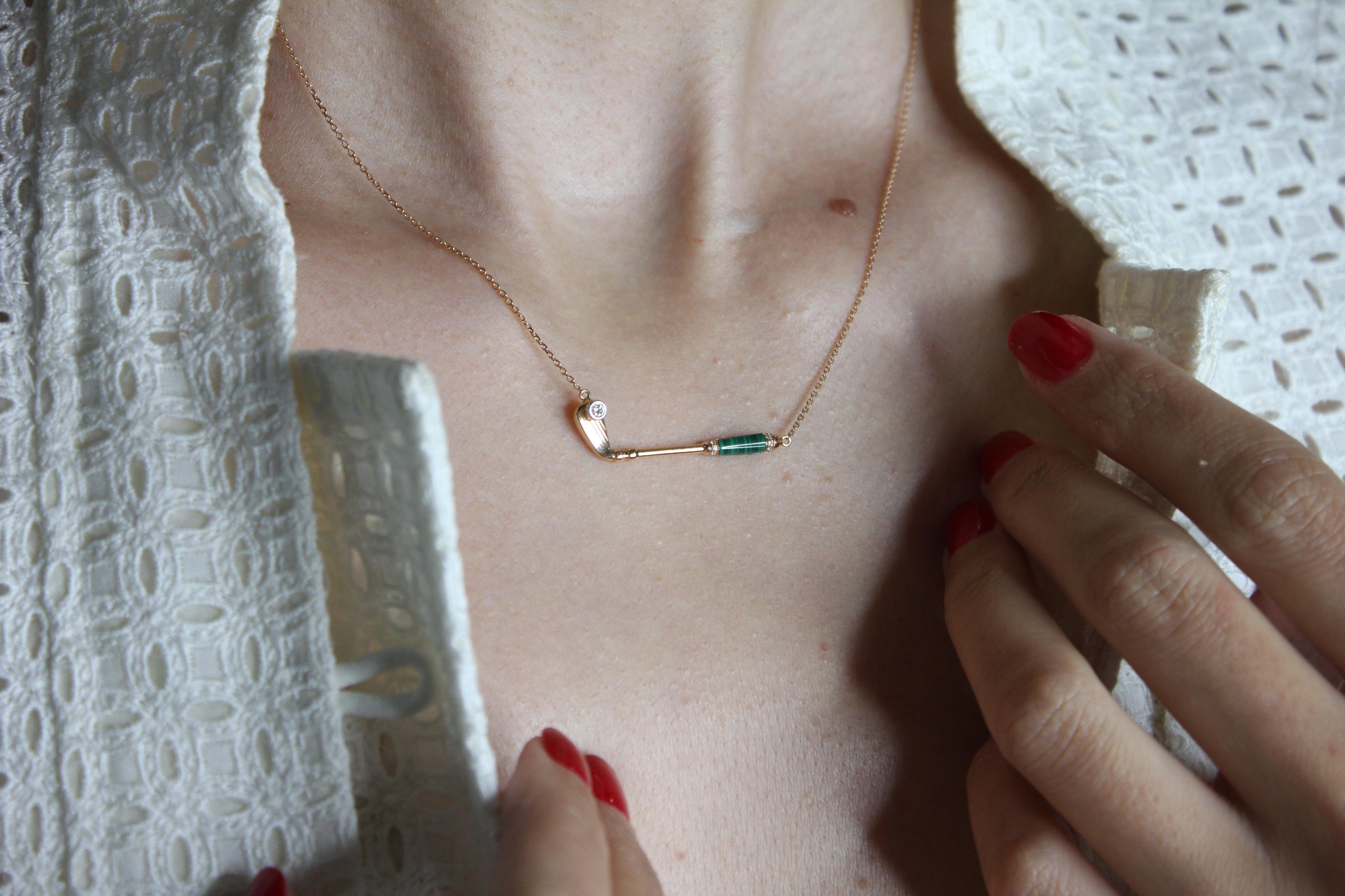 Diamond Malachite Golf Club Birdie Charm 18 Karat Yellow Gold Necklace Pendant