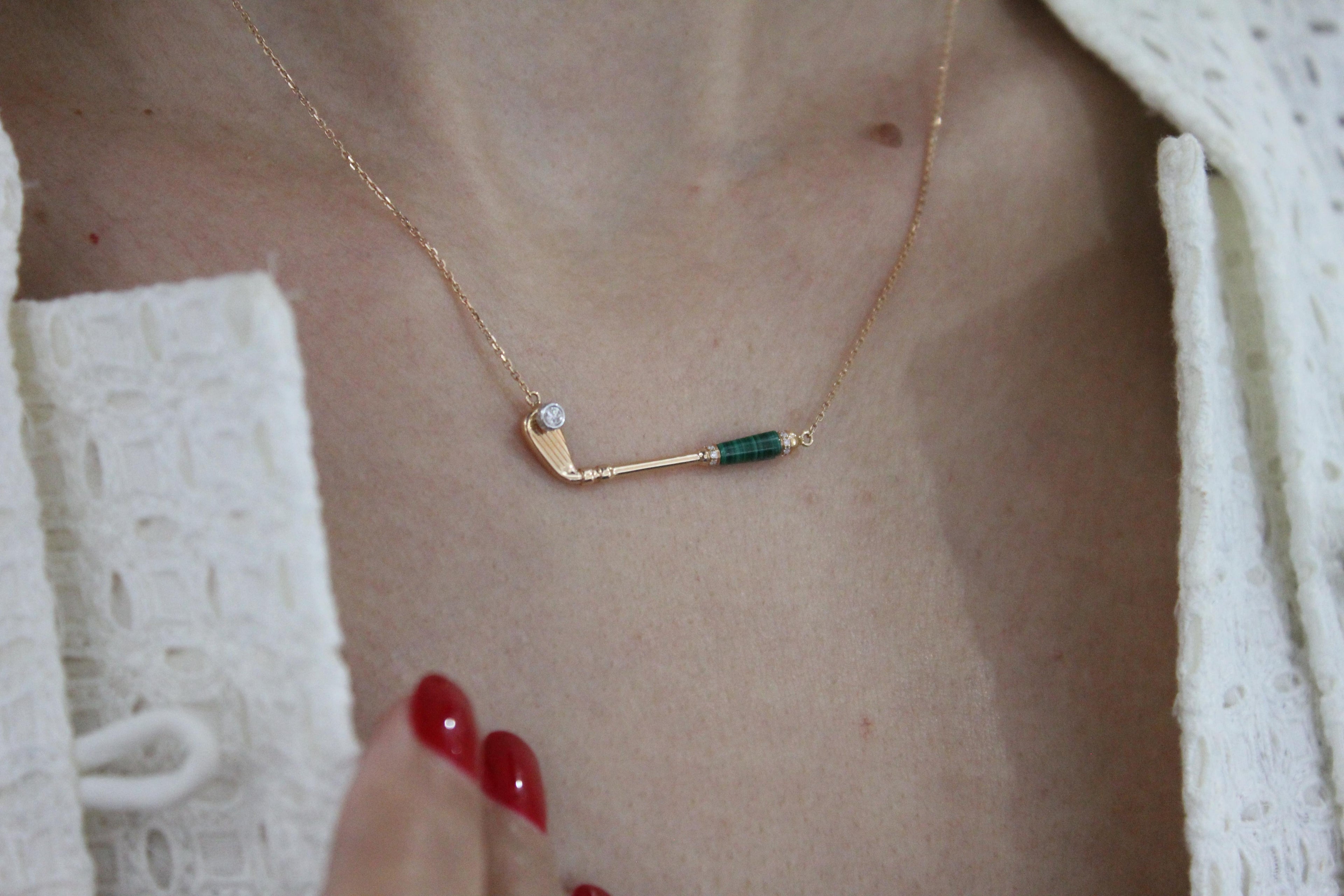 Diamond Malachite Golf Club Birdie Charm 18 Karat Yellow Gold Necklace Pendant