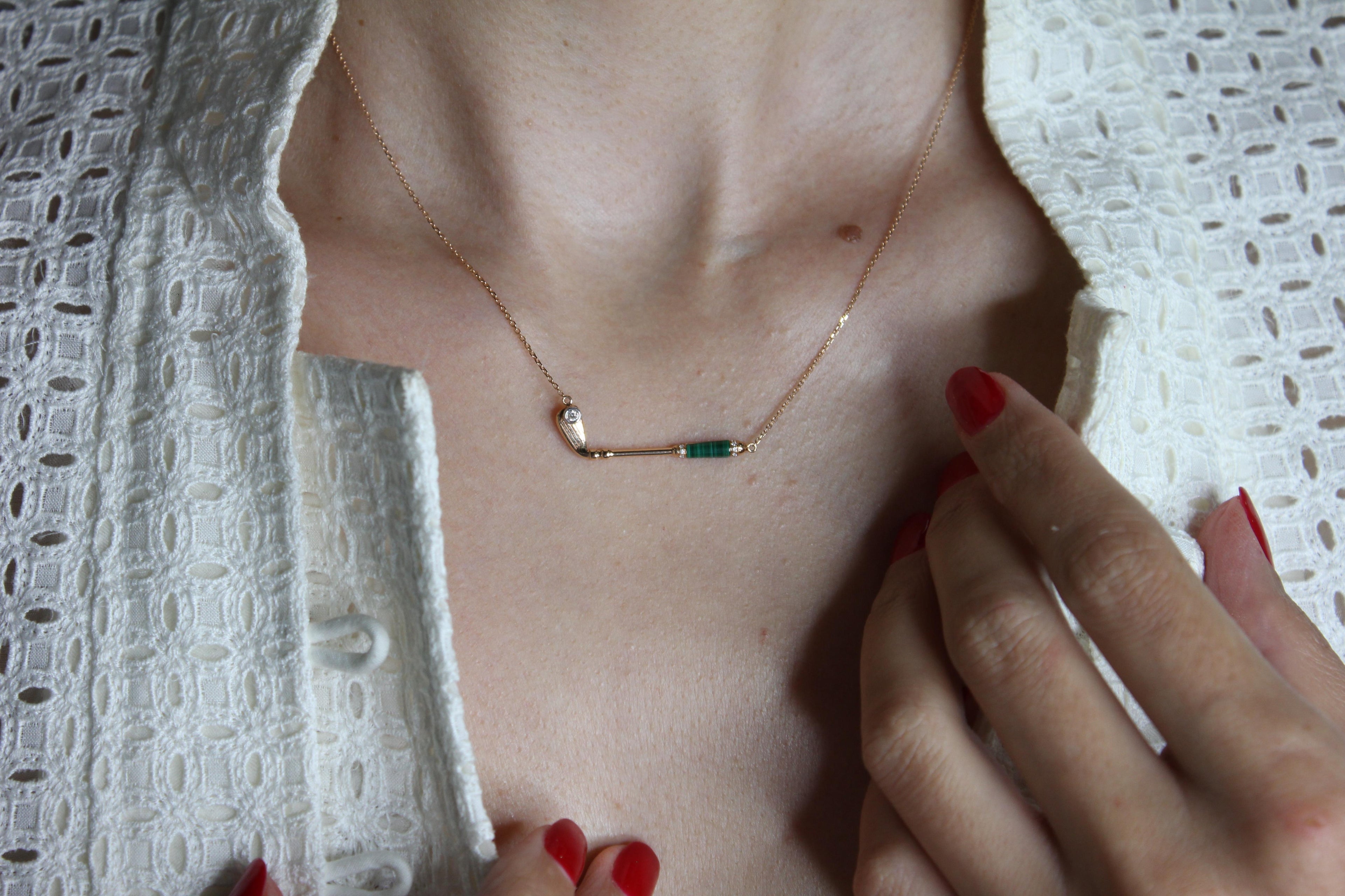 Diamond Malachite Golf Club Birdie Charm 18 Karat Yellow Gold Necklace Pendant