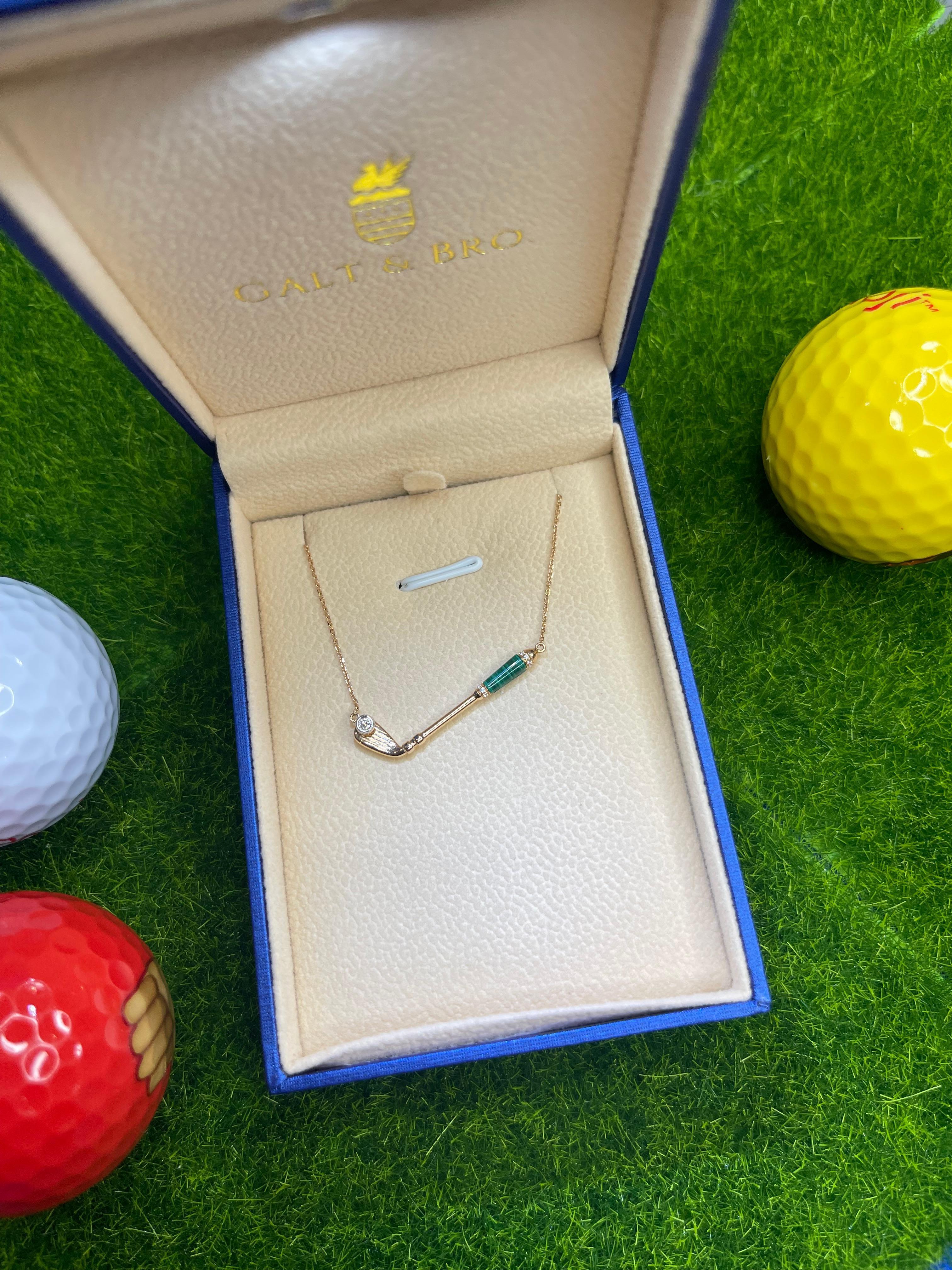 Diamond Malachite Golf Club Birdie Charm 18 Karat Yellow Gold Necklace Pendant