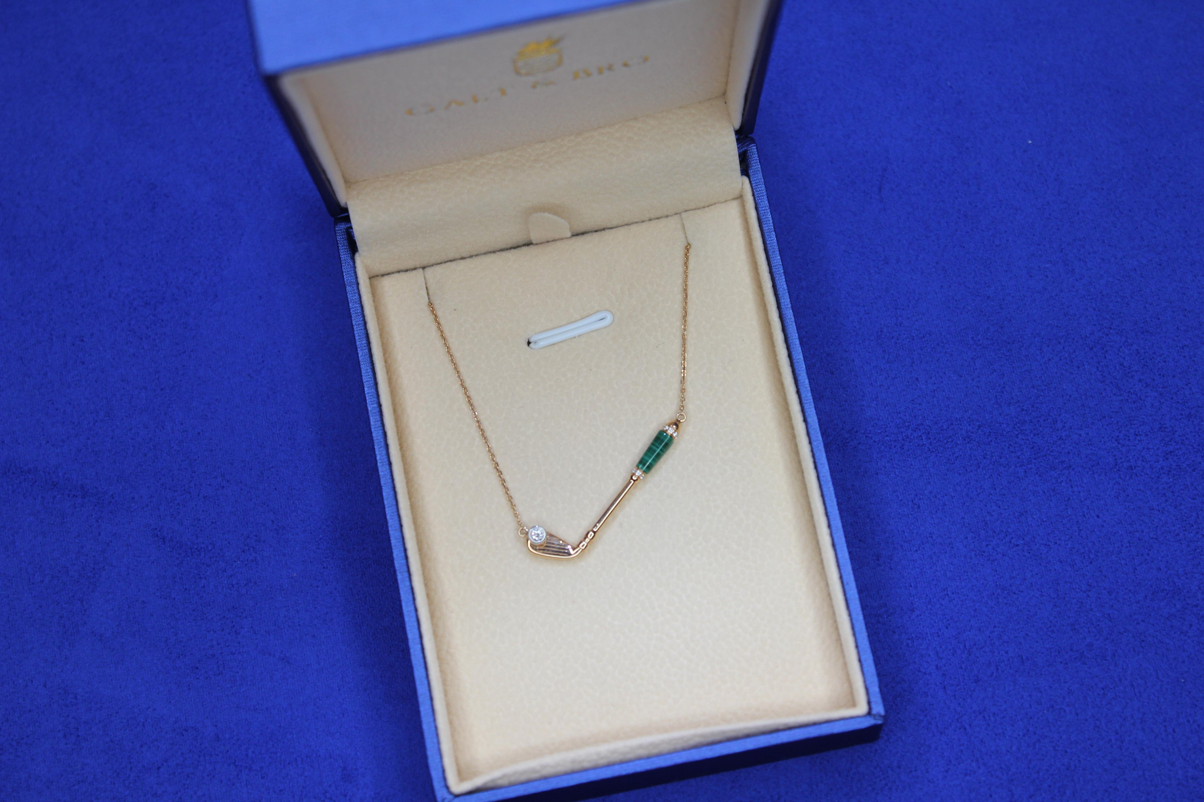 Diamond Malachite Golf Club Birdie Charm 18 Karat Yellow Gold Necklace Pendant