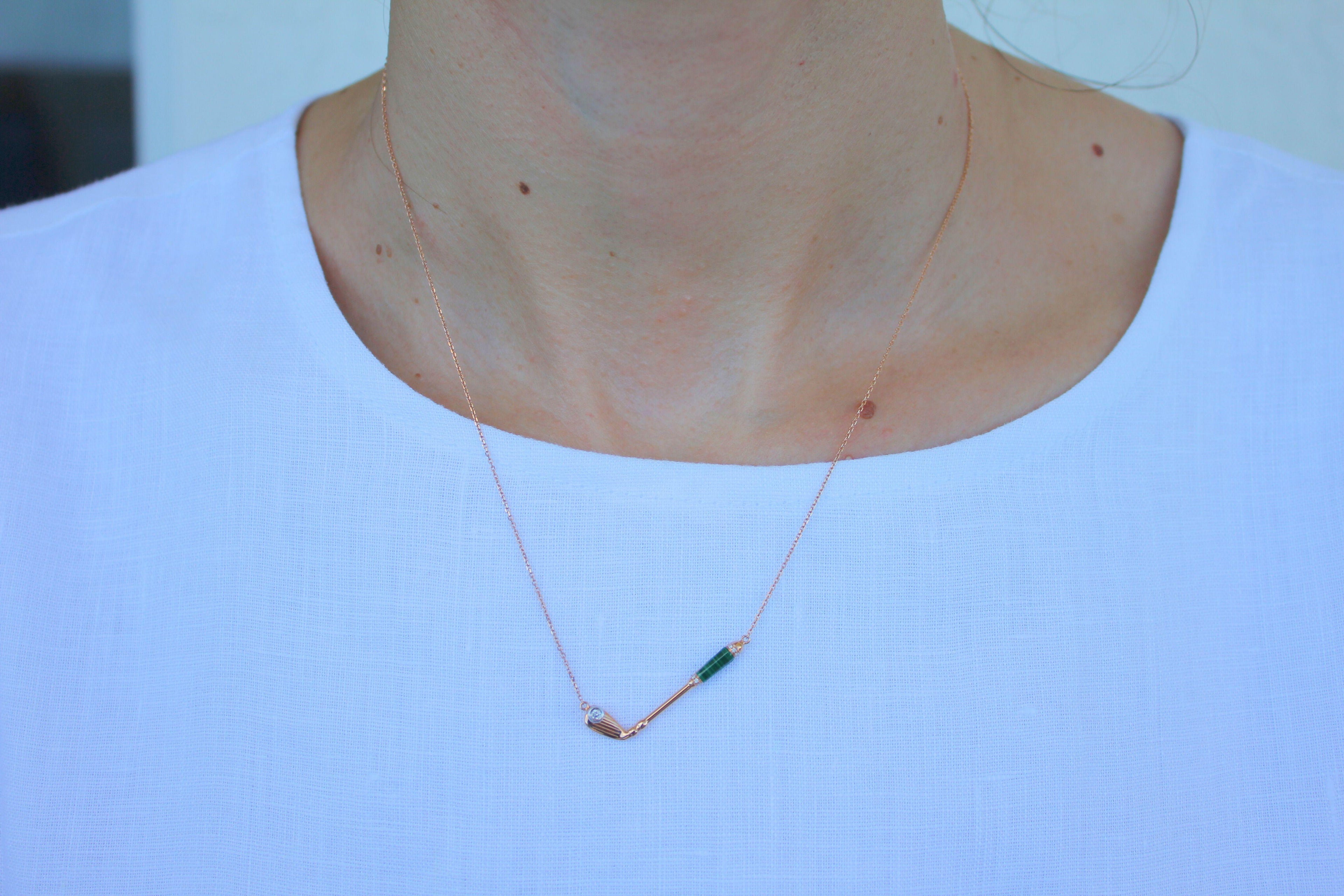 Diamond Malachite Golf Club Birdie Charm 18 Karat Yellow Gold Necklace Pendant