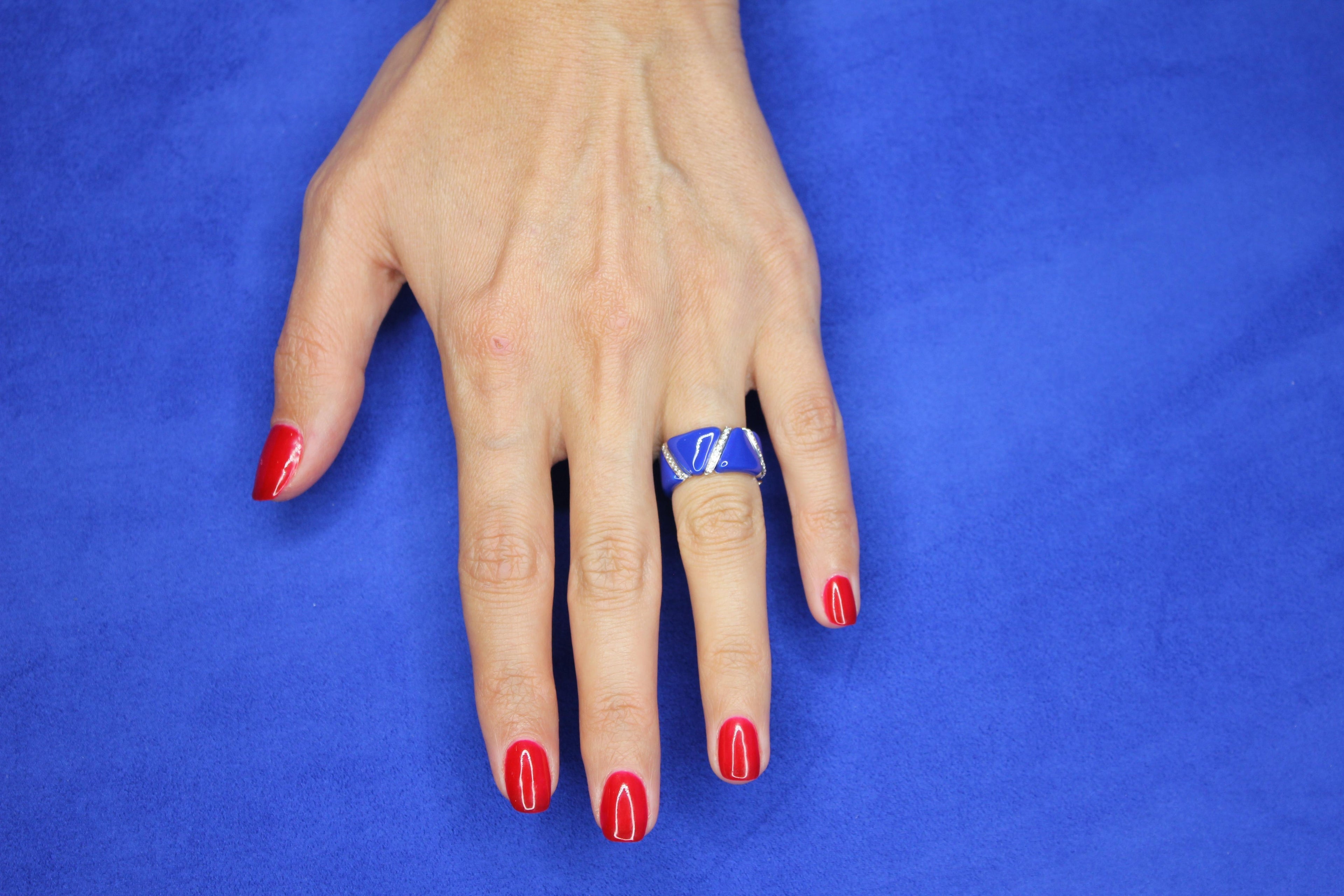 Diamond Navy Blue Enamel Flexible Italian Eternity Band Unique White Gold Ring
