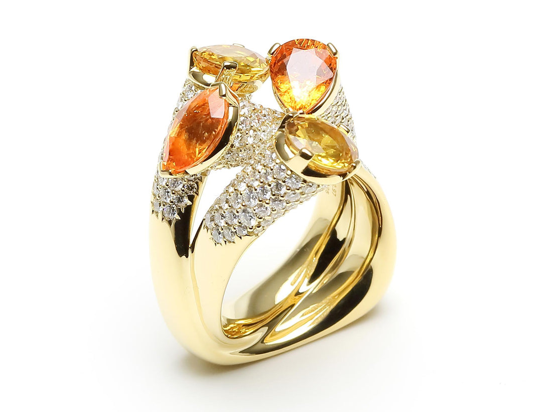Diamond Orange Yellow Sapphire Cocktail Luxury Unique 18 Karat Yellow Gold Ring