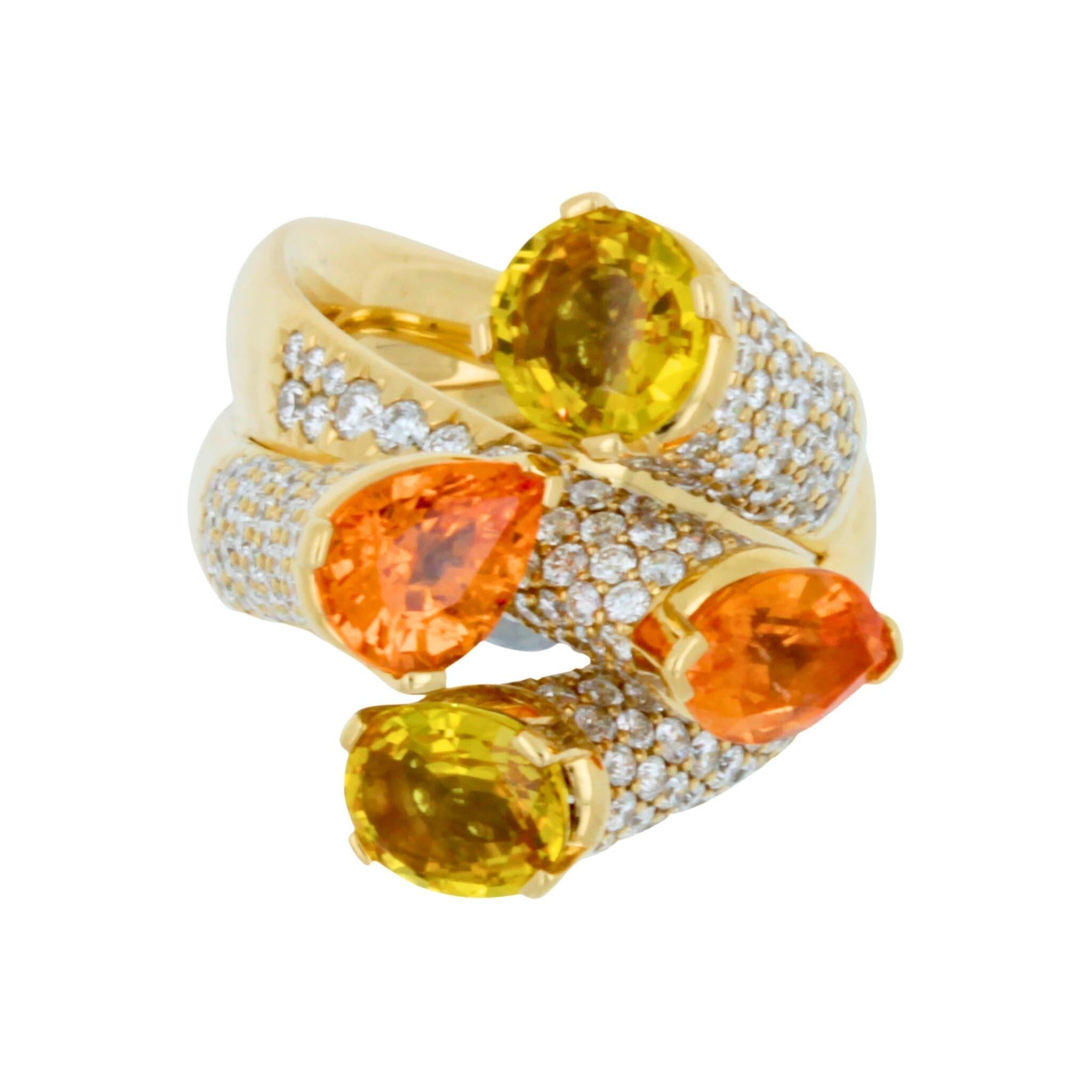 Diamond Orange Yellow Sapphire Cocktail Luxury Unique 18 Karat Yellow Gold Ring