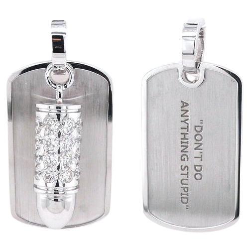 Diamond Pave Bullet Dog Tag 18 Karat W Solid Gold Amulet Charm Pendant Necklace
