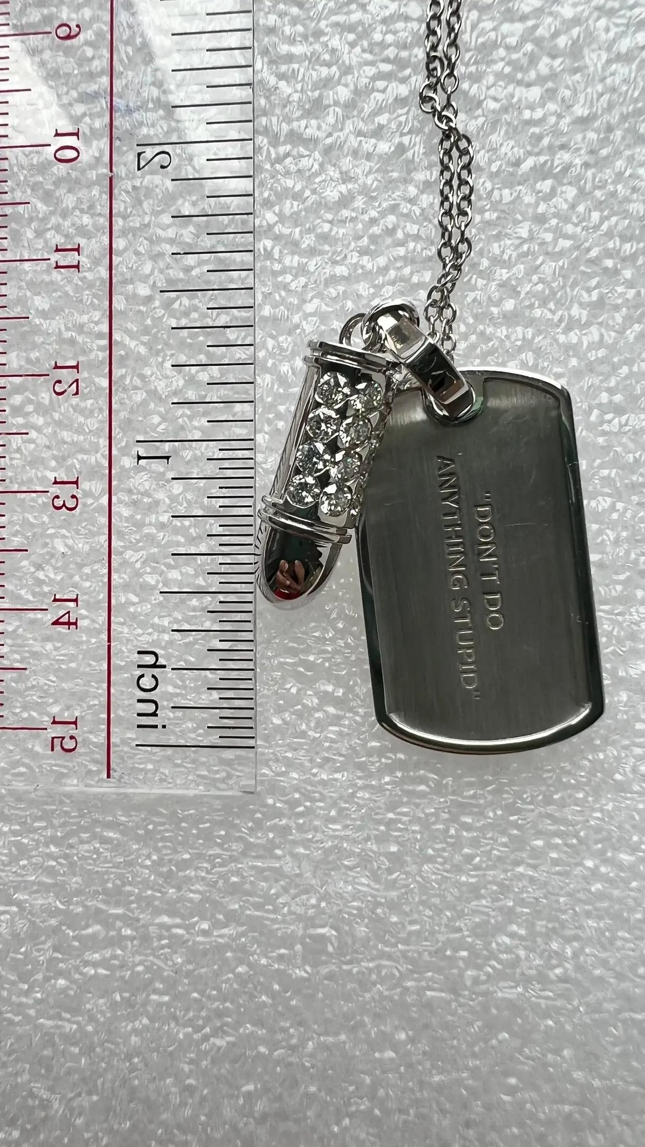 Diamond Pave Bullet Dog Tag 18 Karat W Solid Gold Amulet Charm Pendant Necklace