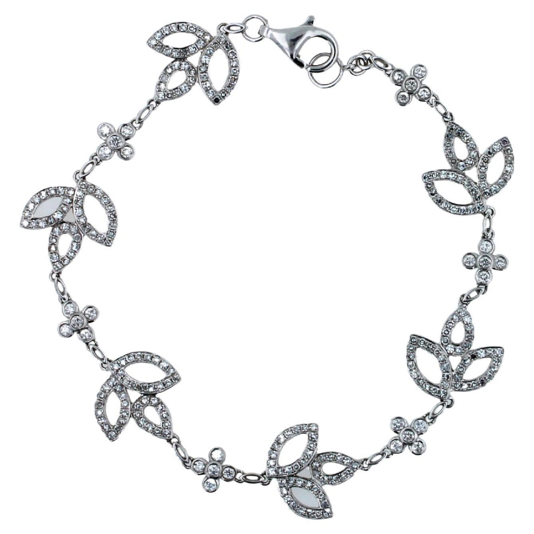 Diamond Pave Leaf Leaves Nature Link Fashion 18 Karat White Gold Chain Bracelet