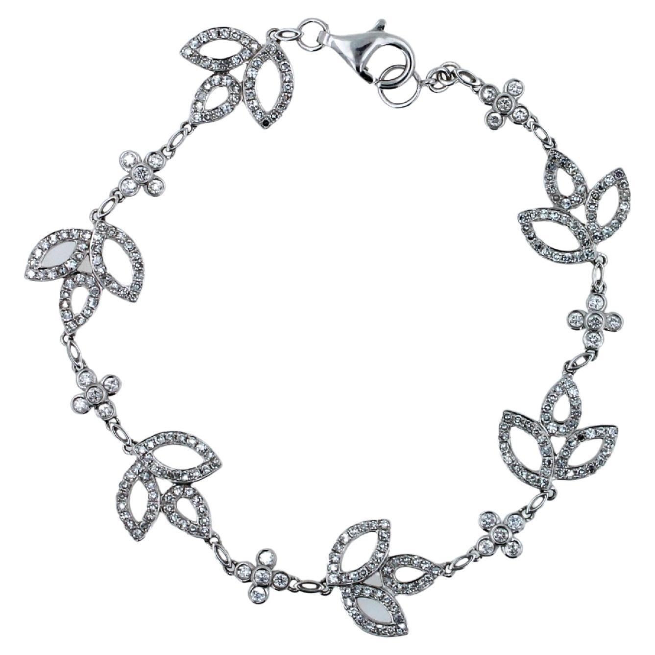Diamond Pave Leaf Leaves Nature Link Fashion 18 Karat White Gold Chain Bracelet