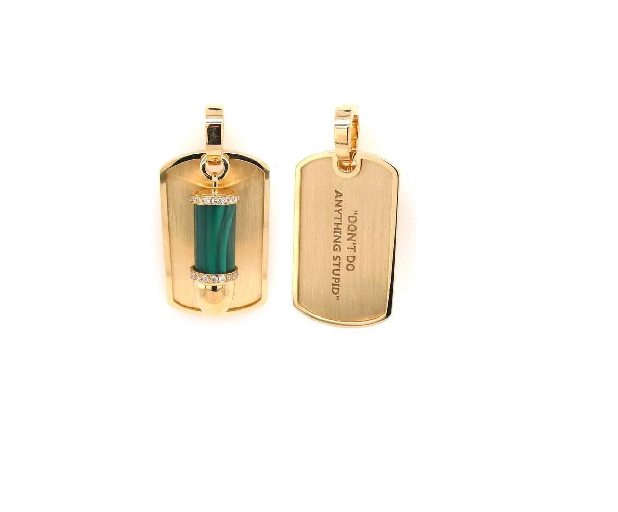 Diamond Pave Malachite Bullet Dog Tag 18 Kara Gold Amulet Charm Pendant Necklace