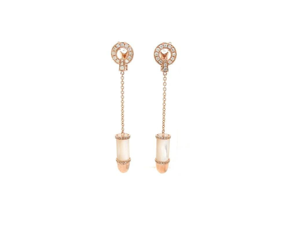 Diamond Pave Mother of Pearl Bullet 18 Karat Solid Gold Drop Dangle Earrings