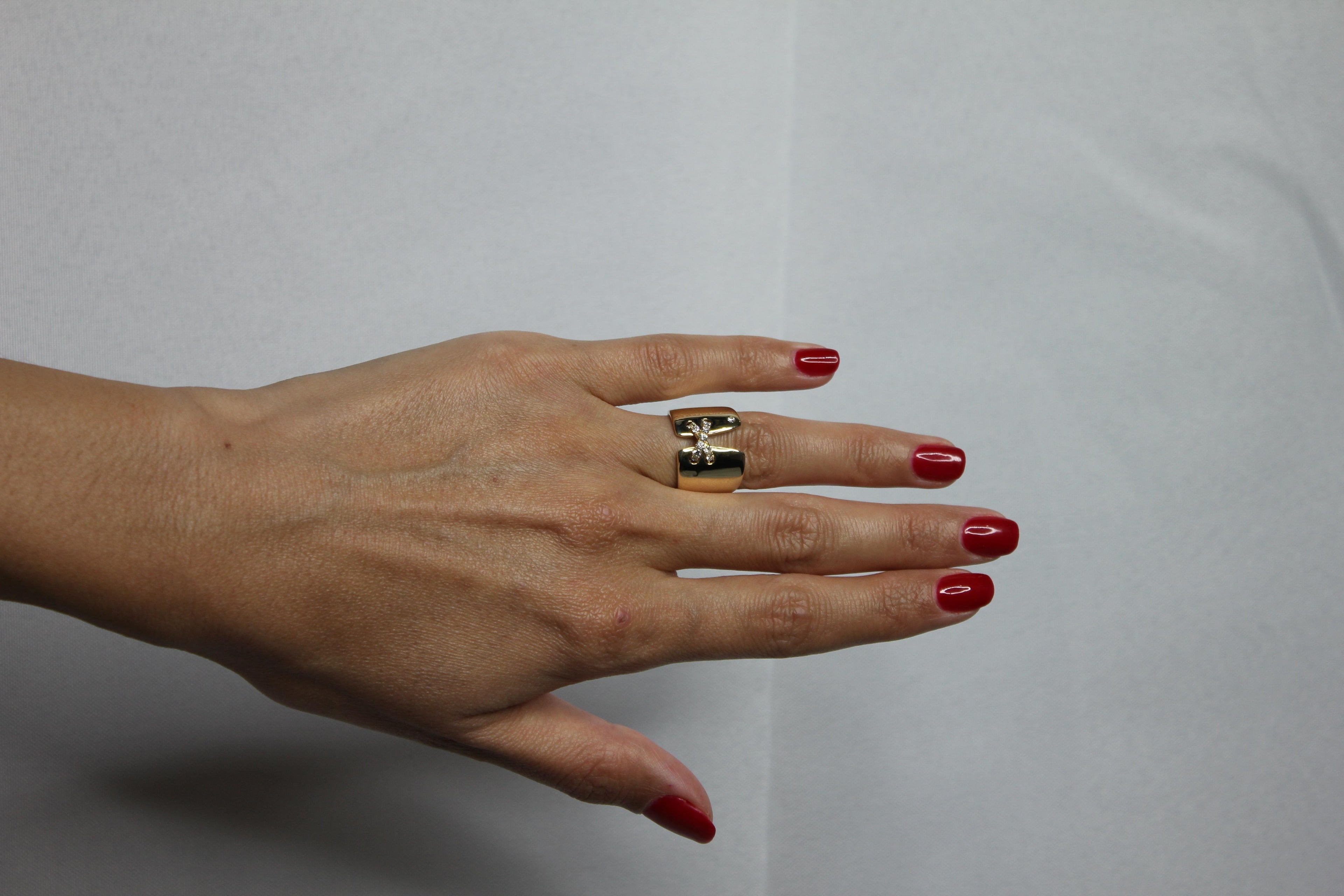 Diamond Pave Wide X Cross Chunky Cocktail Signet Band 14 Karat Yellow Gold Ring