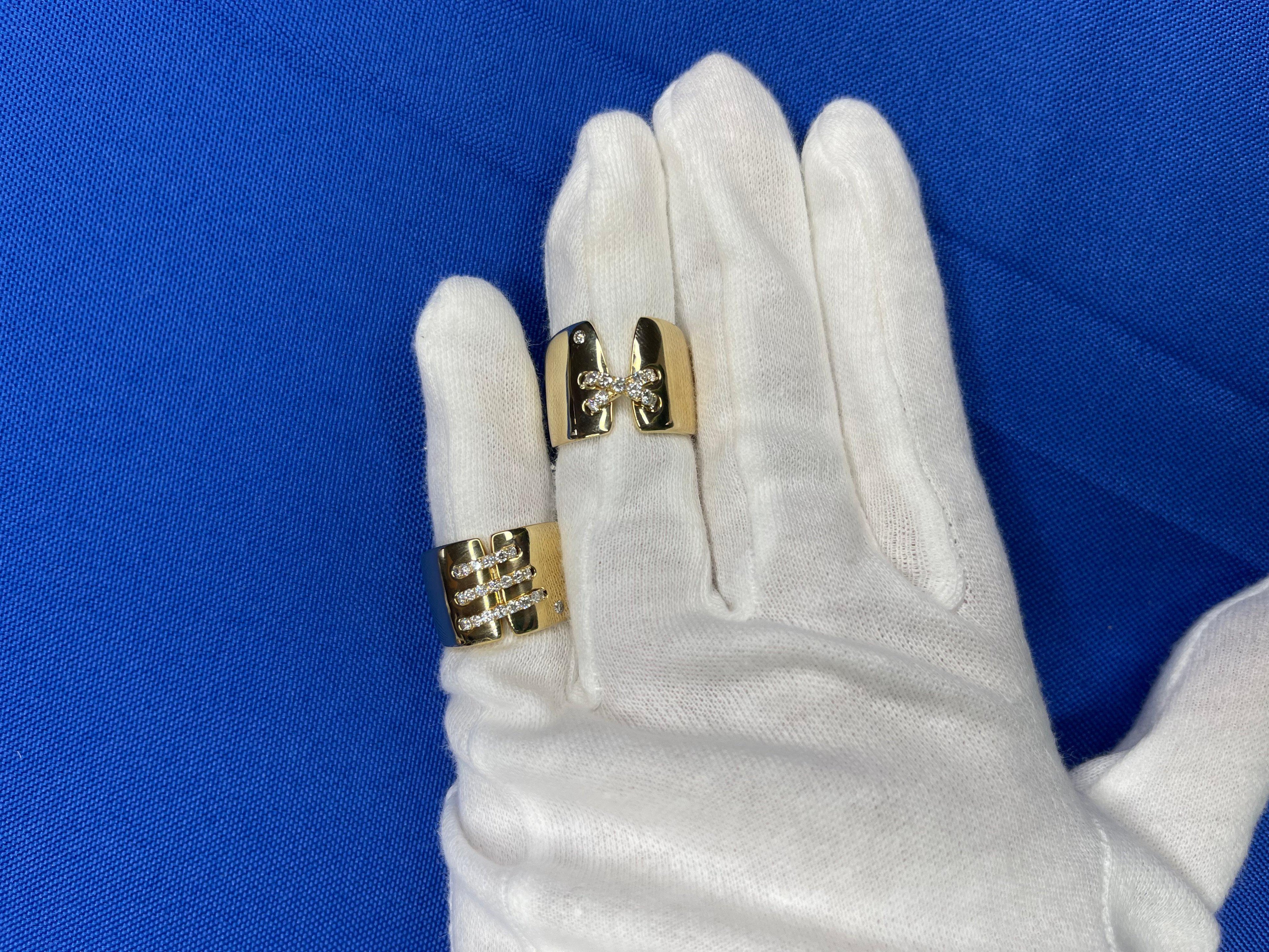Diamond Pave Wide X Cross Chunky Cocktail Signet Band 14 Karat Yellow Gold Ring