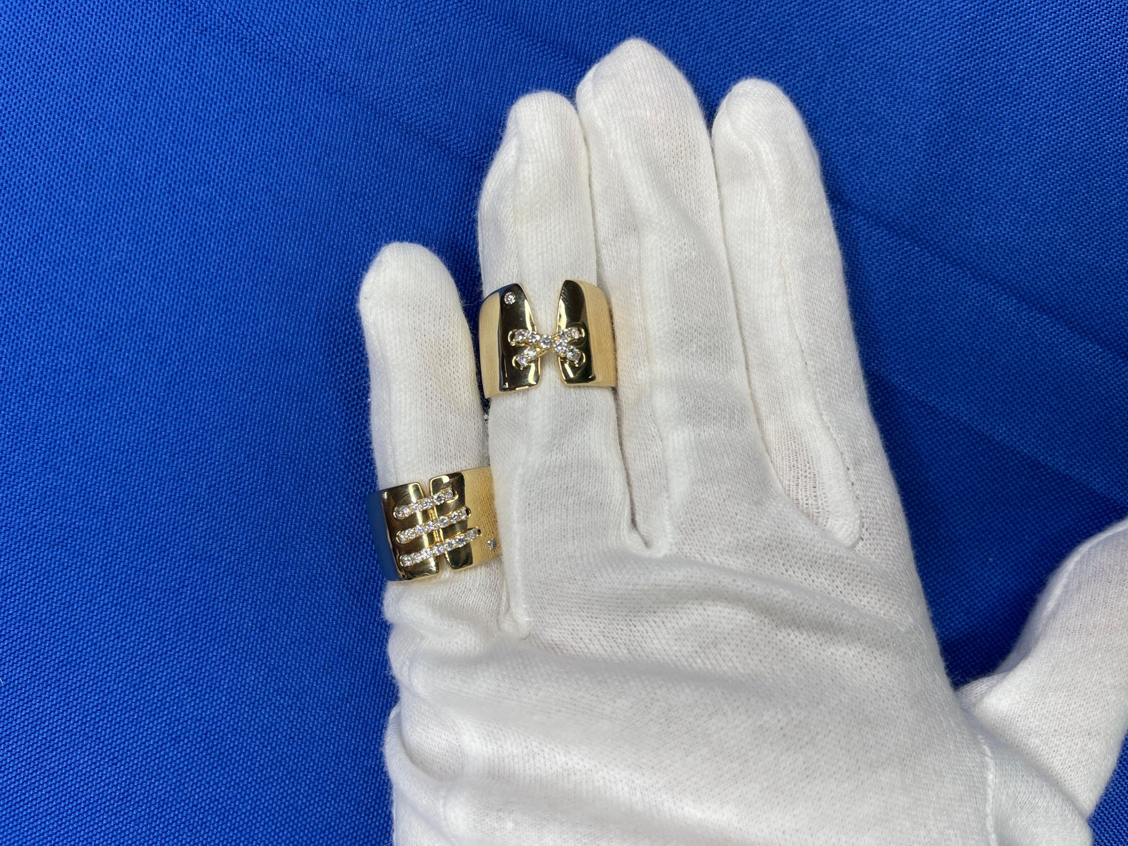 Diamond Pave Wide X Cross Chunky Cocktail Signet Band 14 Karat Yellow Gold Ring