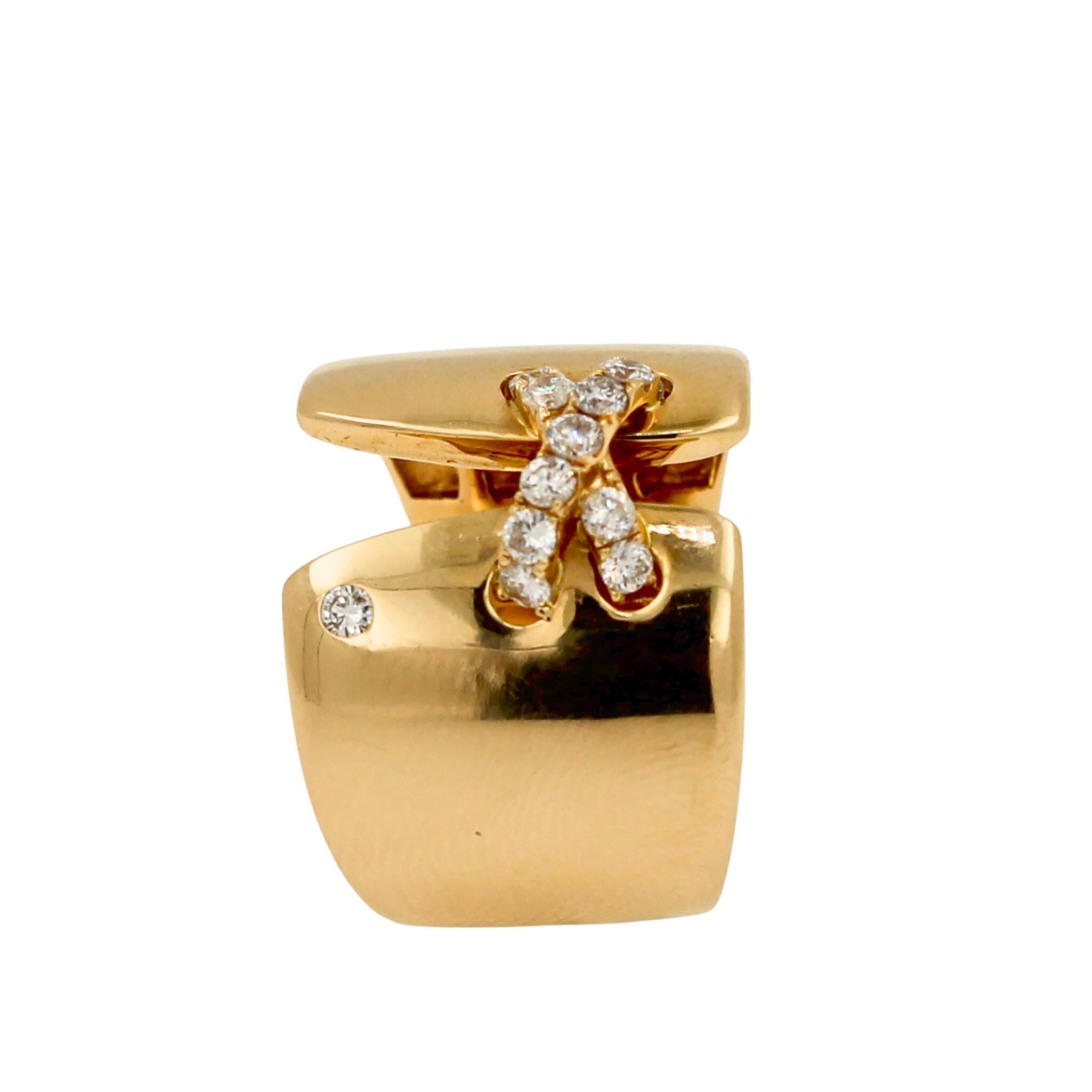 Diamond Pave Wide X Cross Chunky Cocktail Signet Band 14 Karat Yellow Gold Ring