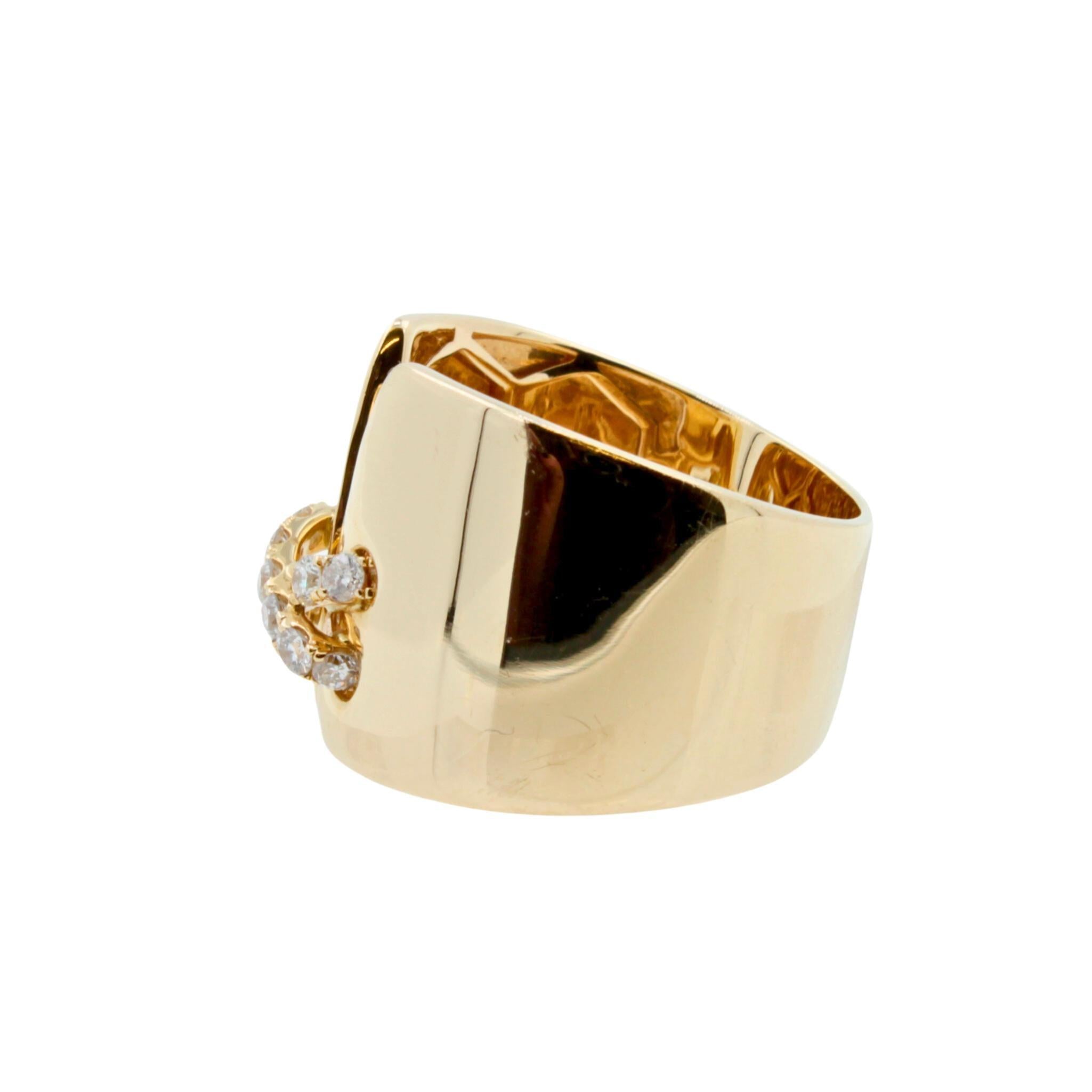 Diamond Pave Wide X Cross Chunky Cocktail Signet Band 14 Karat Yellow Gold Ring