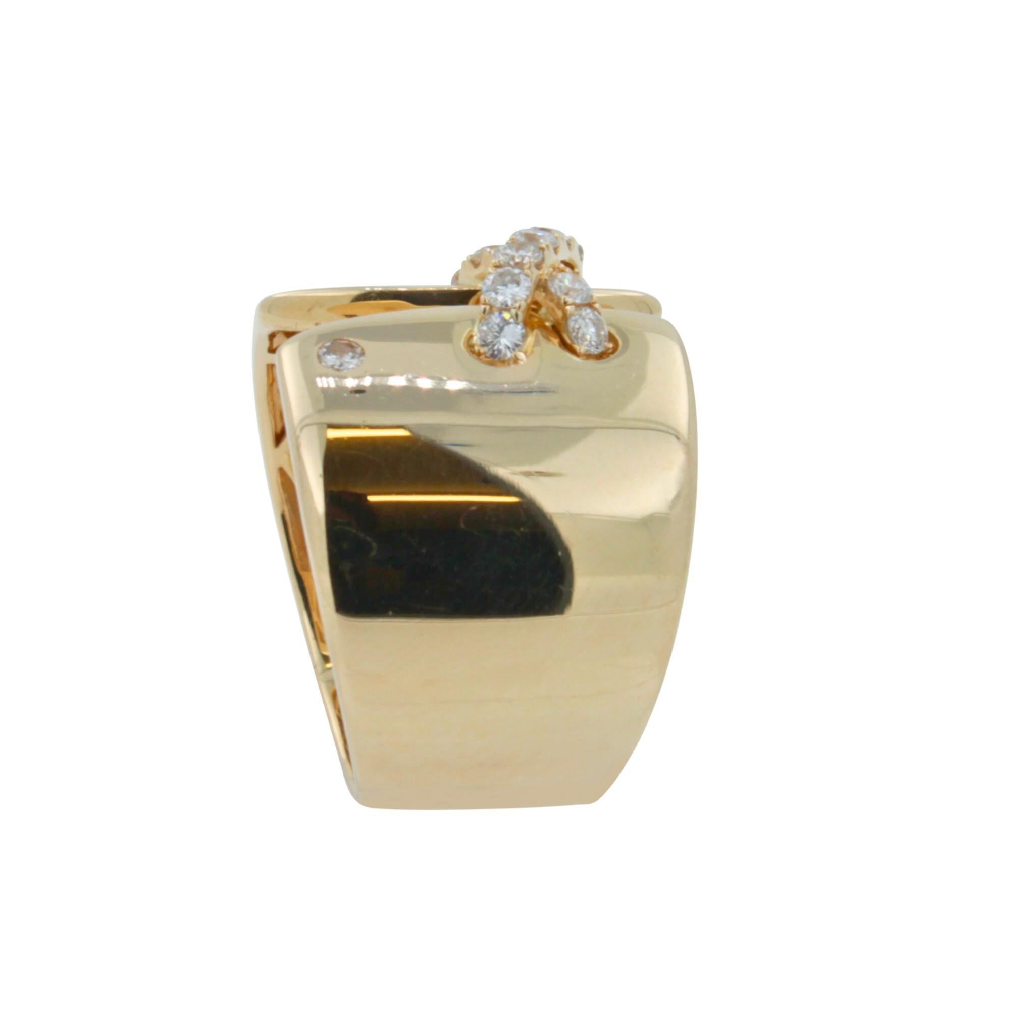 Diamond Pave Wide X Cross Chunky Cocktail Signet Band 14 Karat Yellow Gold Ring