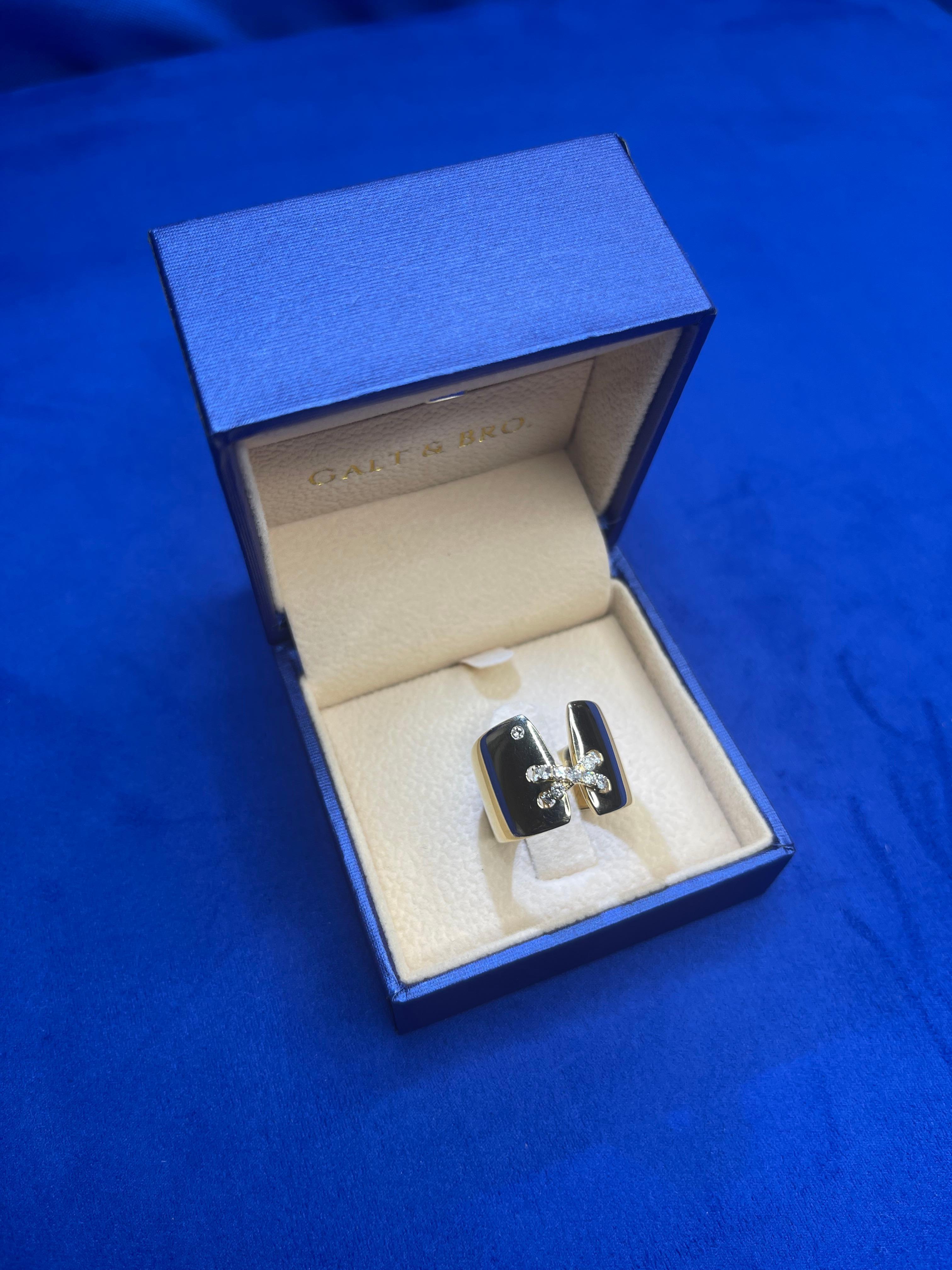 Diamond Pave Wide X Cross Chunky Cocktail Signet Band 14 Karat Yellow Gold Ring
