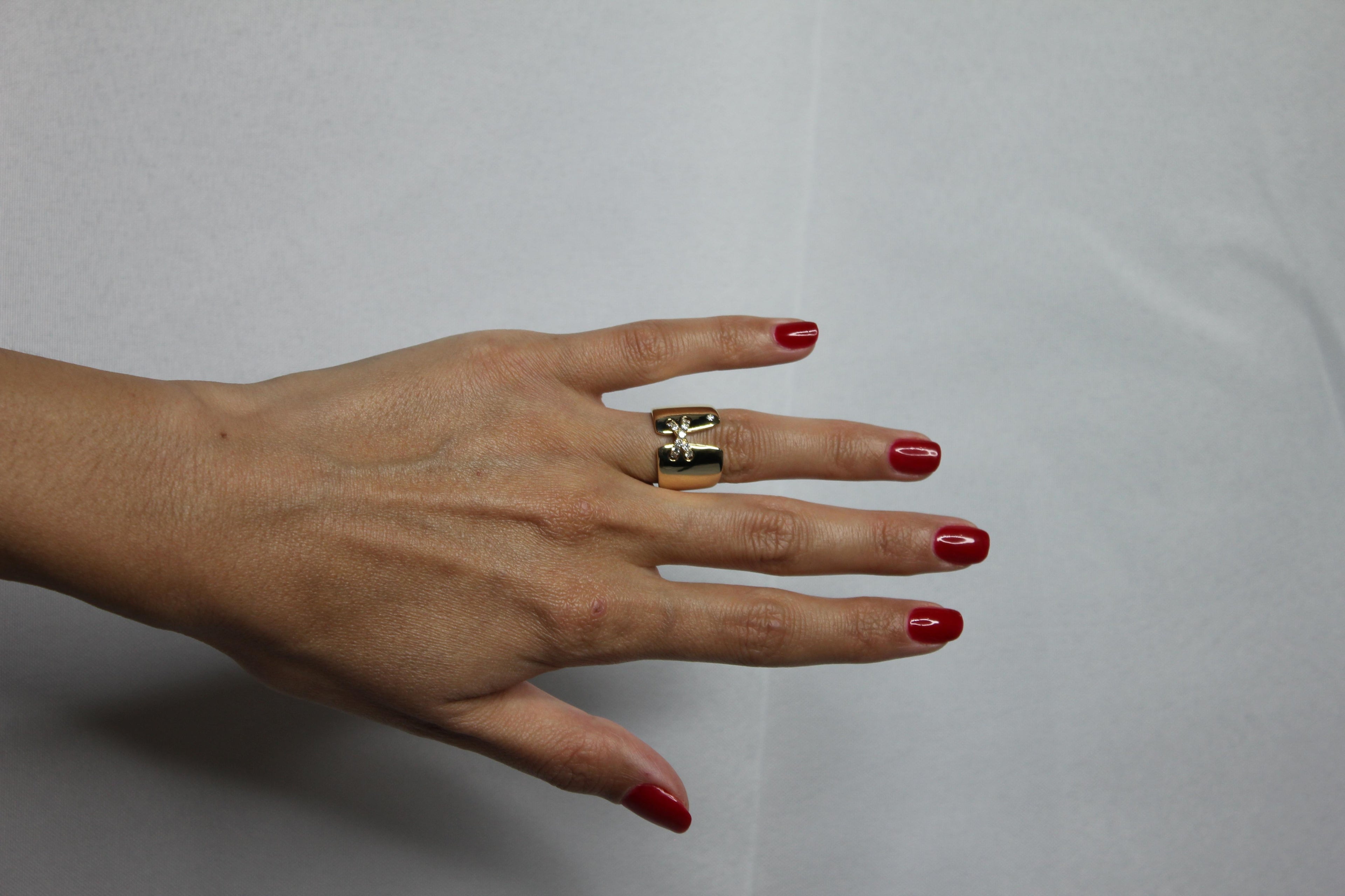 Diamond Pave Wide X Cross Chunky Cocktail Signet Band 14 Karat Yellow Gold Ring