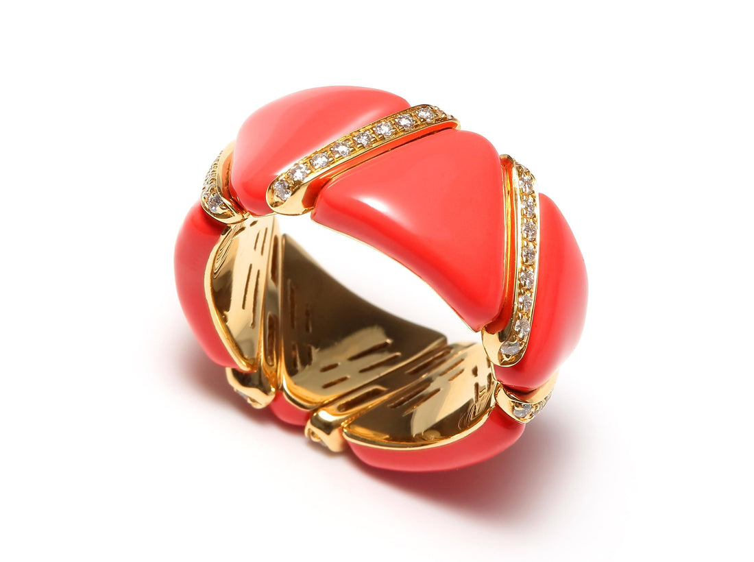 Diamond Red Coral Enamel Flexible Eternity Band 18 Karat Yellow Gold Unique Ring