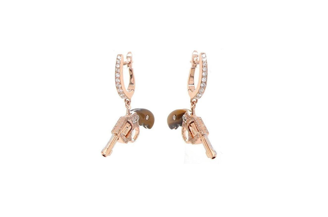Diamond Tigers Eye Gemstone Gun Revolver 18 Rose Gold Huggie Pave Drop Earrings