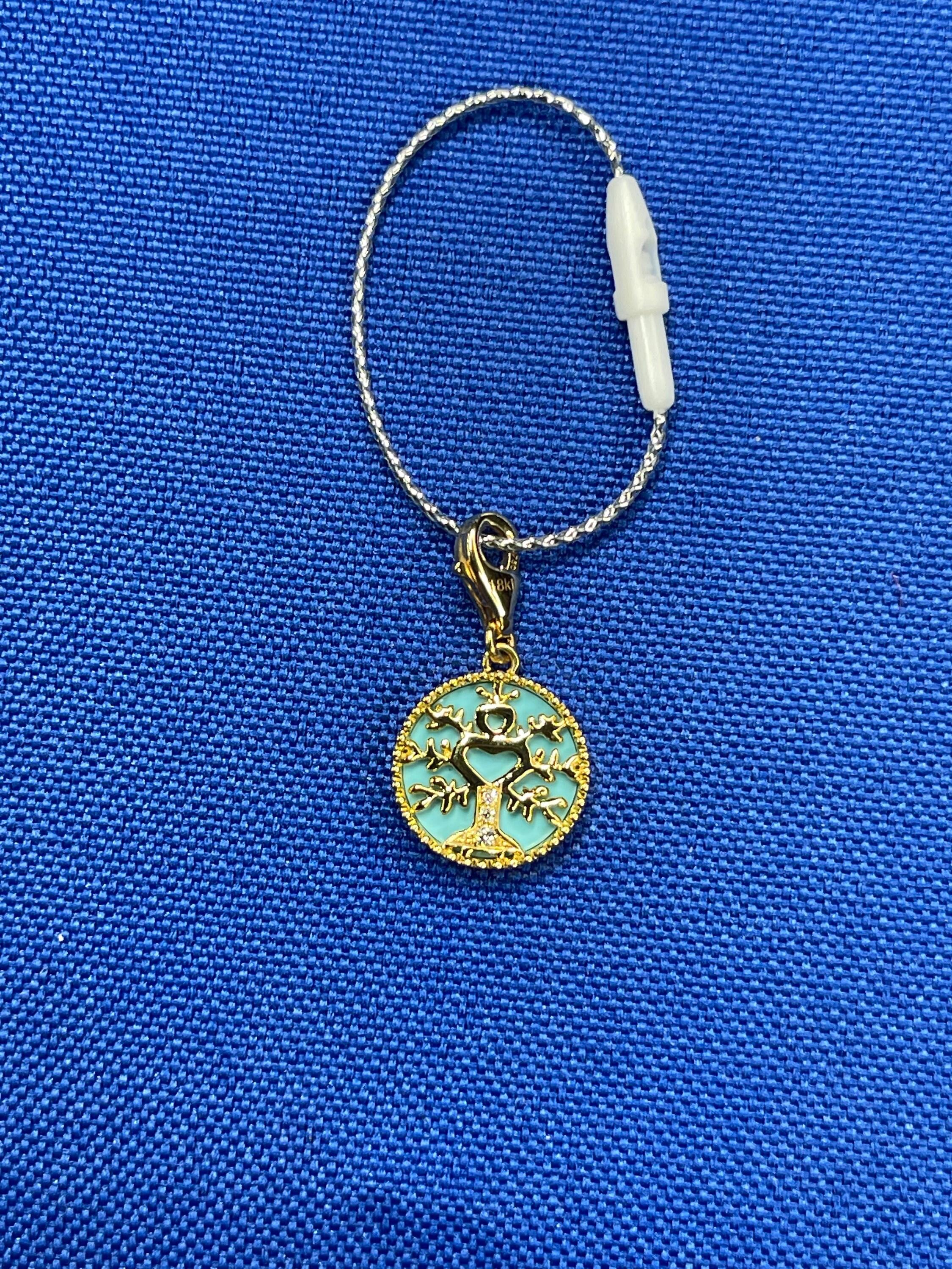 Diamond Tree of Life Nature Floral Flower 18K Yellow Gold Medallion Charm Turquo