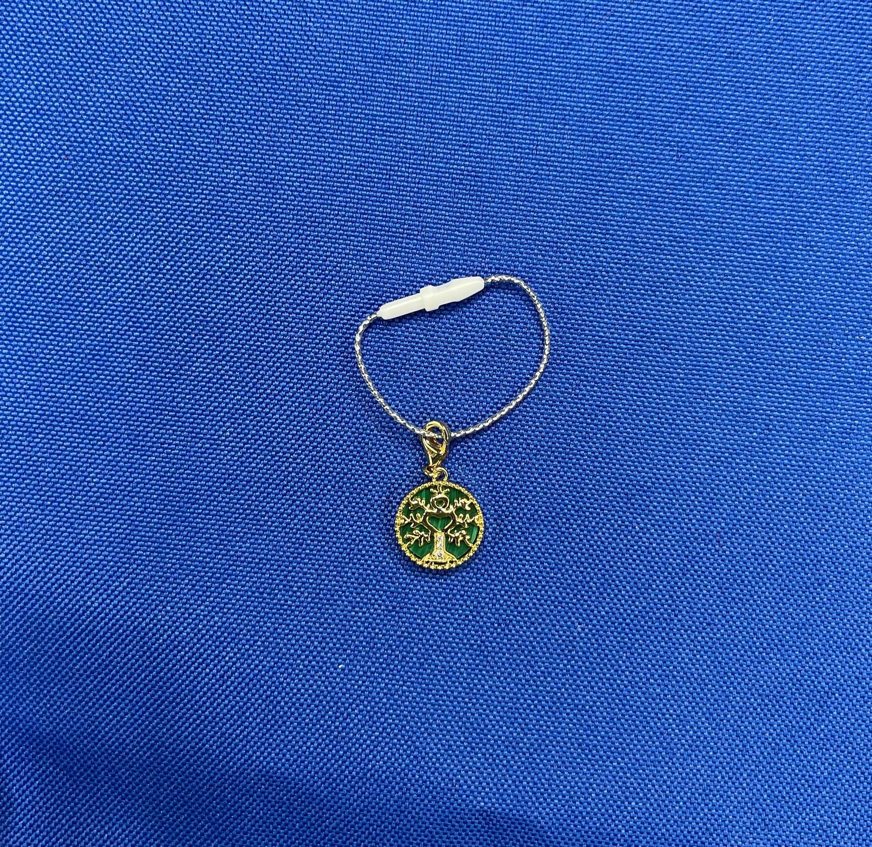 Diamond Tree of Life Nature Floral Flower Green Malachite Medallion Charm 18K Ye