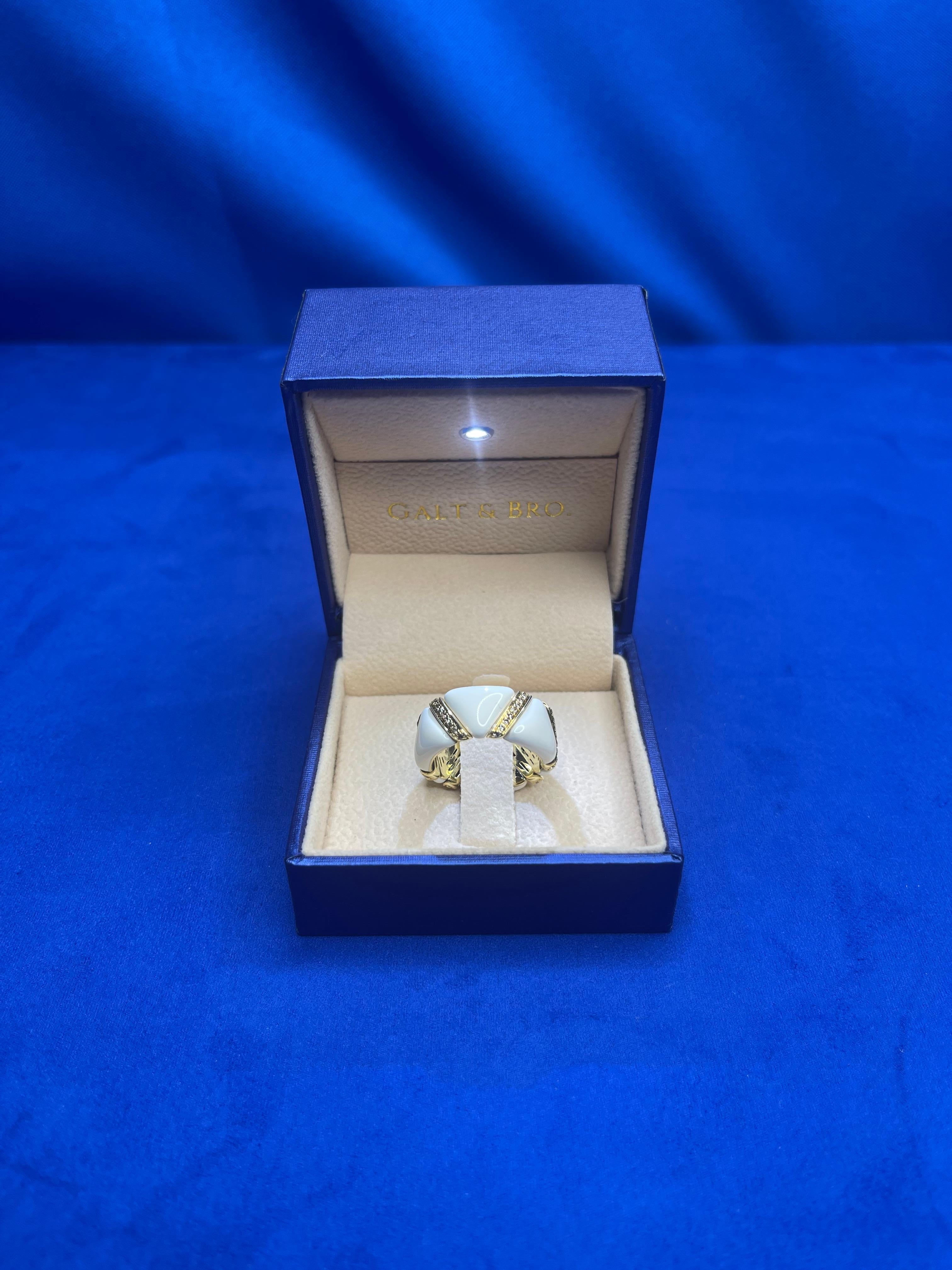 Diamond White Beige Cream Ivory Enamel Eternity Band Unique 18K Yellow Gold Ring