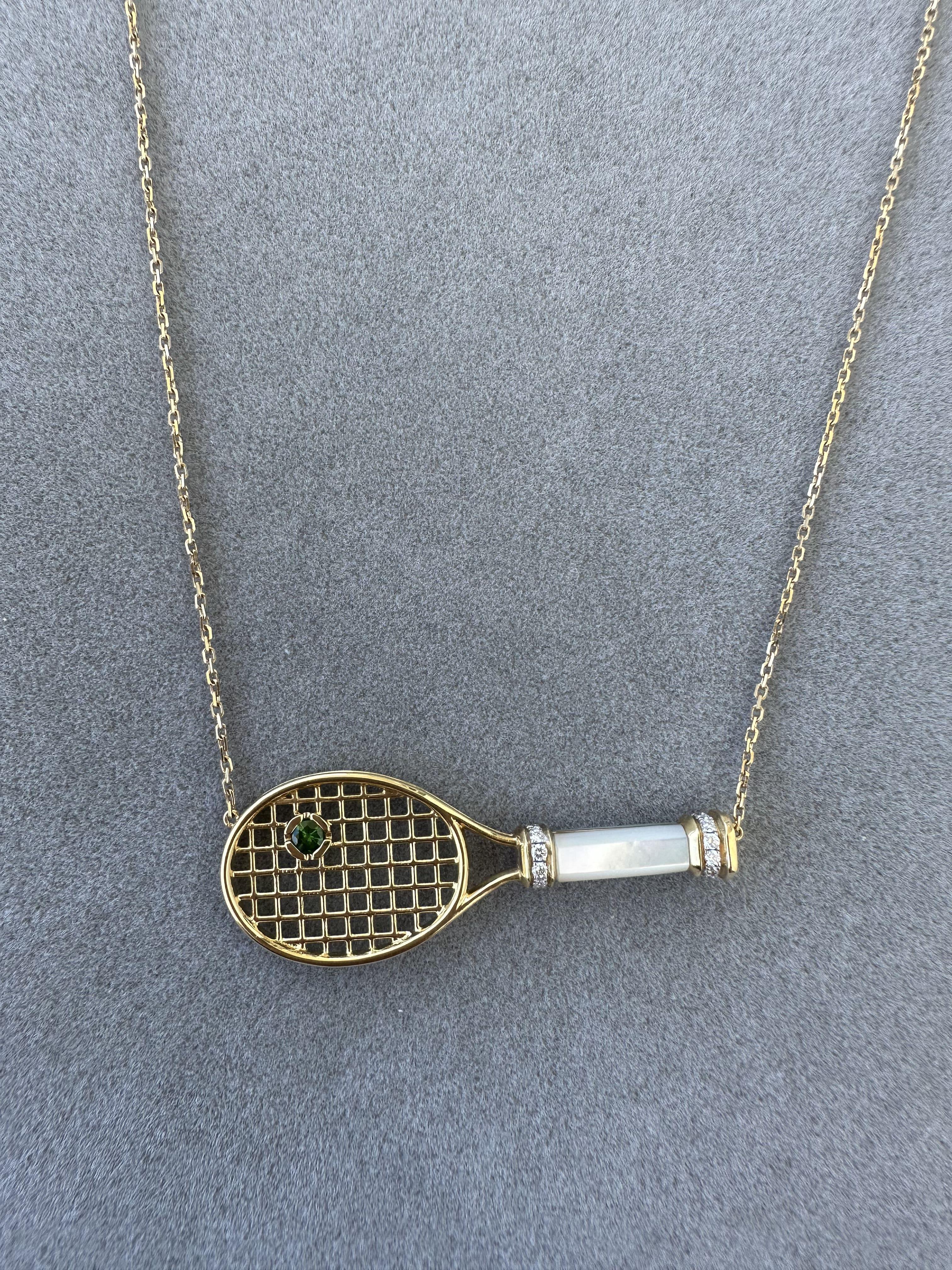 Diamond White Pearl Emerald 18 Karat Gold Tennis Racket Charm Pendant Necklace