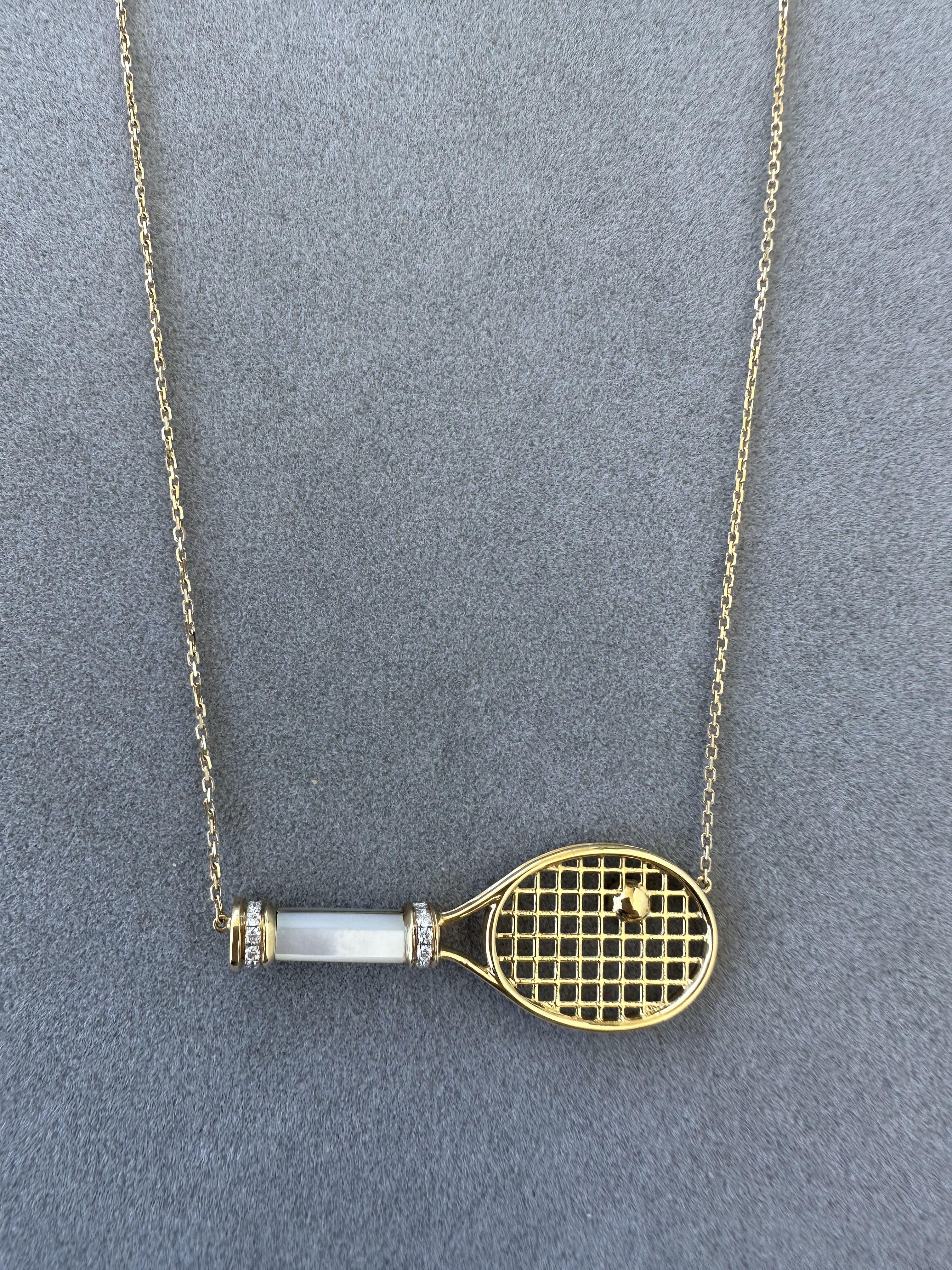 Diamond White Pearl Emerald 18 Karat Gold Tennis Racket Charm Pendant Necklace