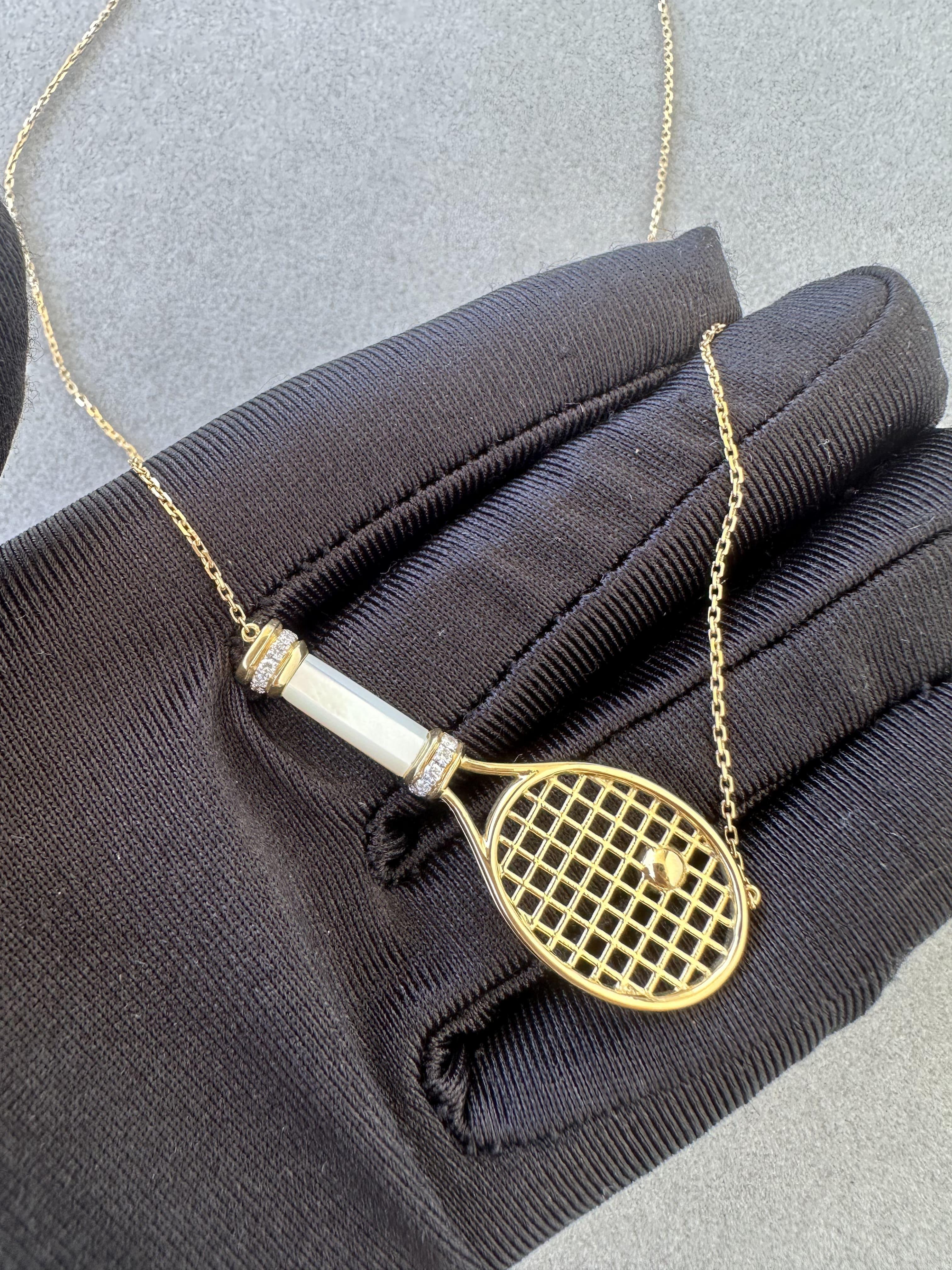 Diamond White Pearl Emerald 18 Karat Gold Tennis Racket Charm Pendant Necklace