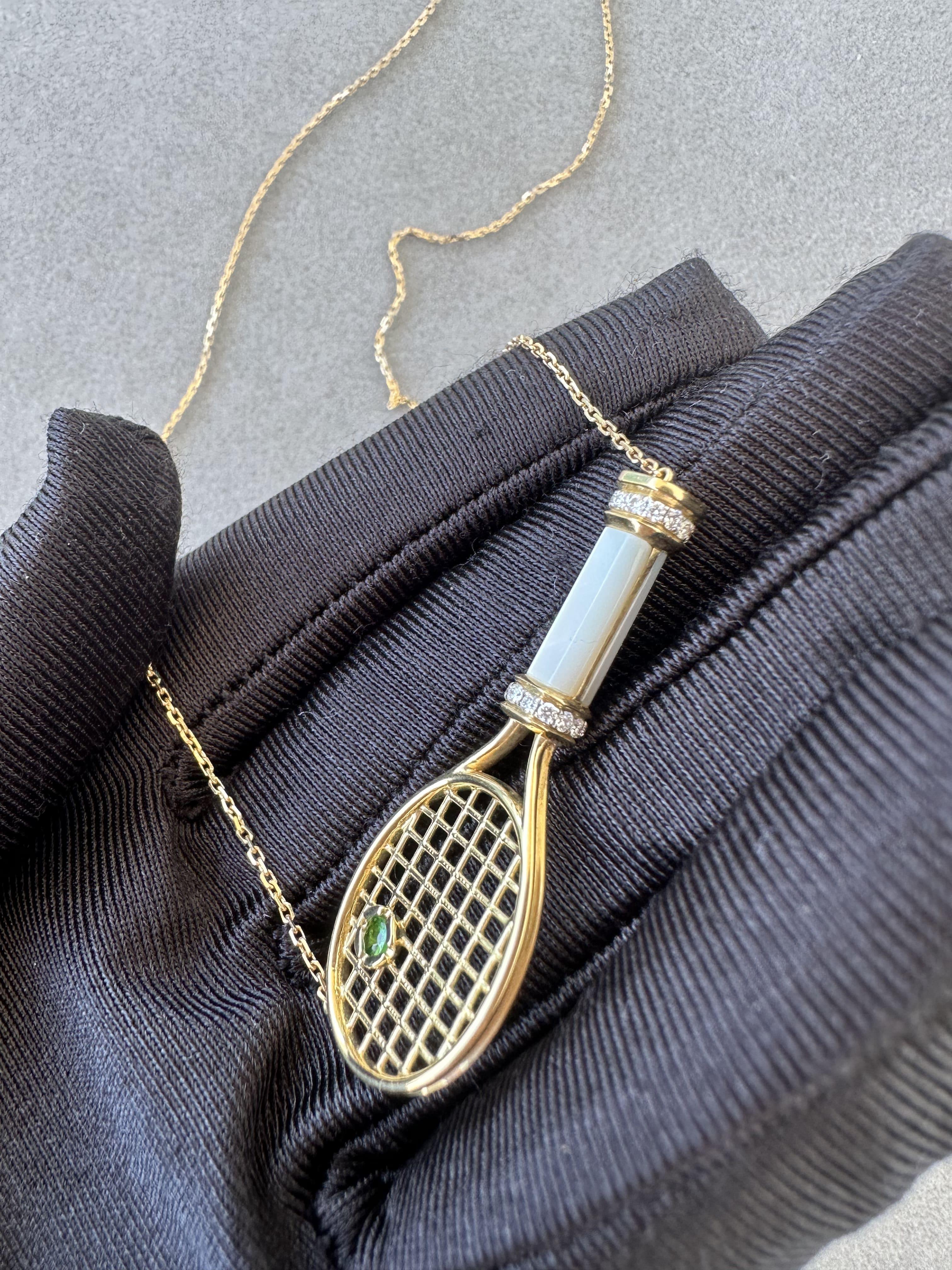 Diamond White Pearl Emerald 18 Karat Gold Tennis Racket Charm Pendant Necklace