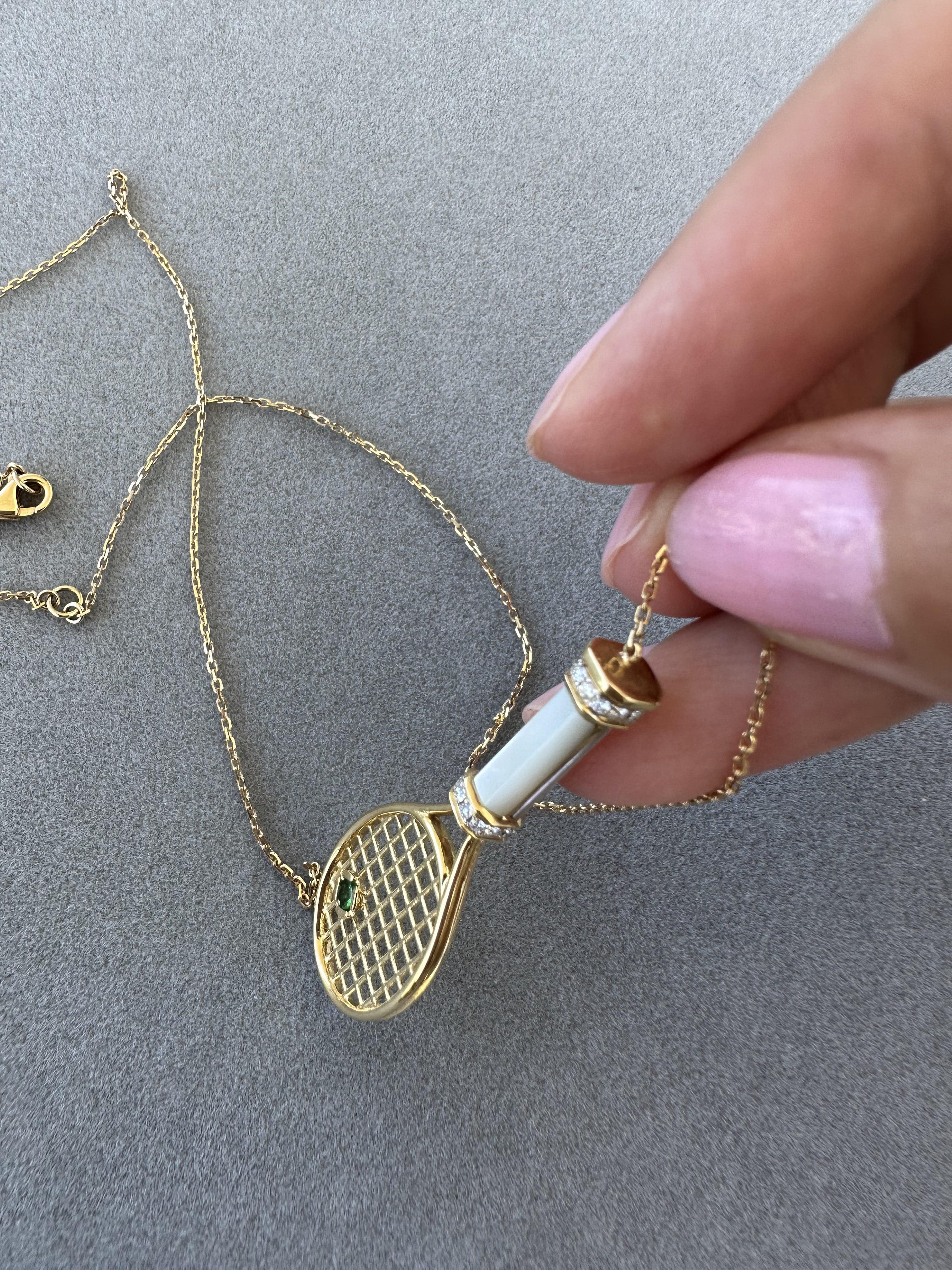 Diamond White Pearl Emerald 18 Karat Gold Tennis Racket Charm Pendant Necklace