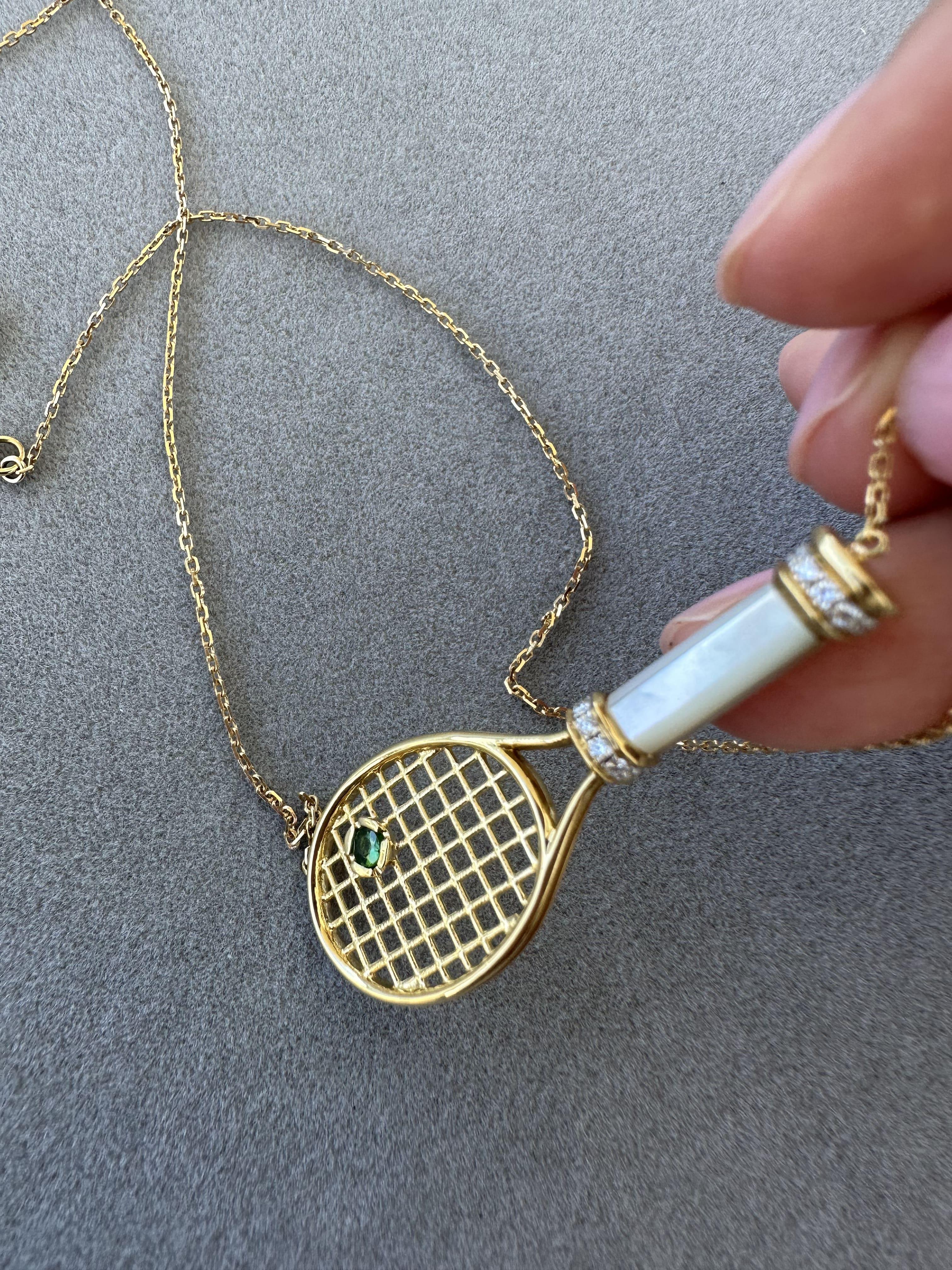 Diamond White Pearl Emerald 18 Karat Gold Tennis Racket Charm Pendant Necklace