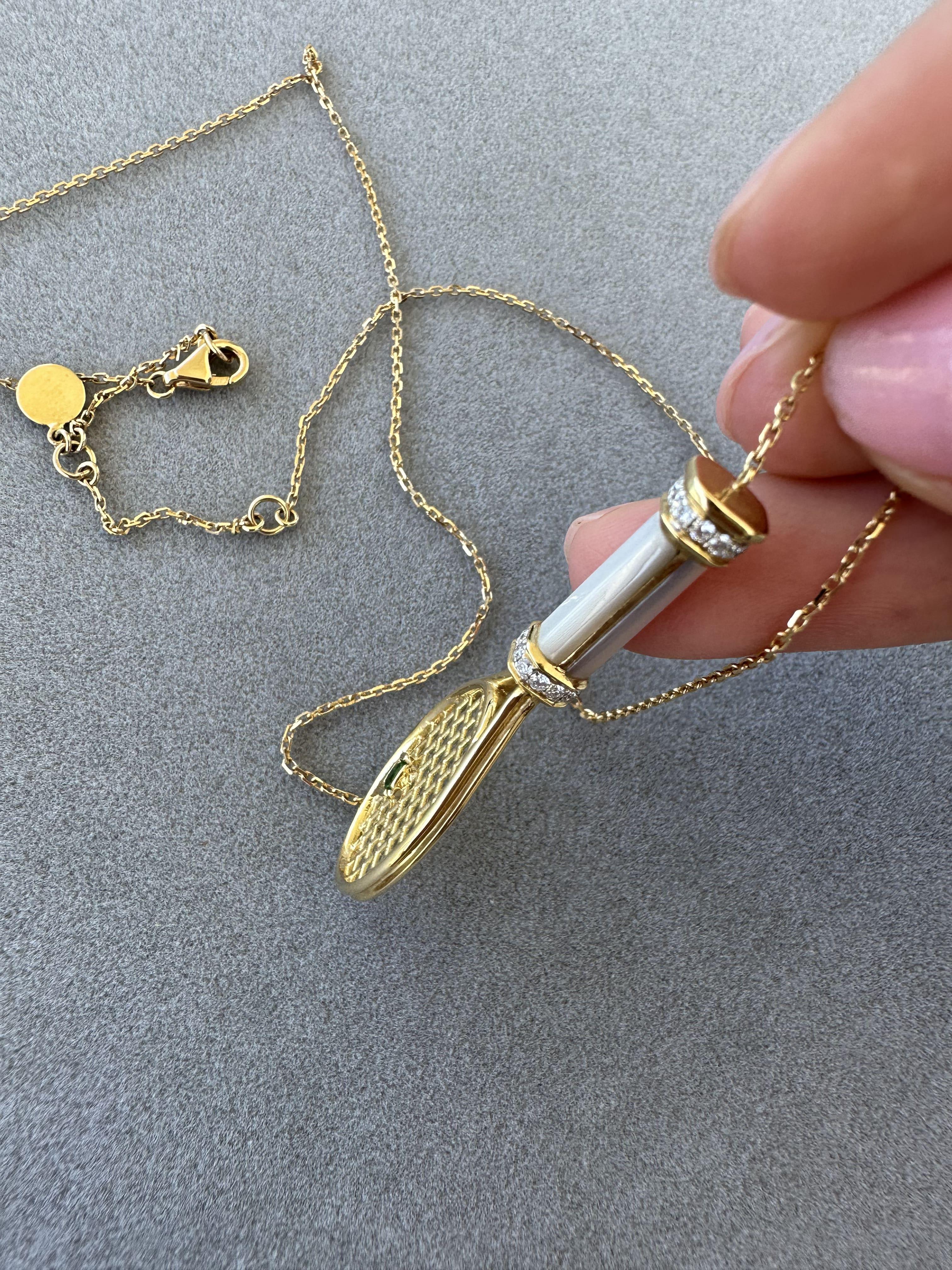Diamond White Pearl Emerald 18 Karat Gold Tennis Racket Charm Pendant Necklace