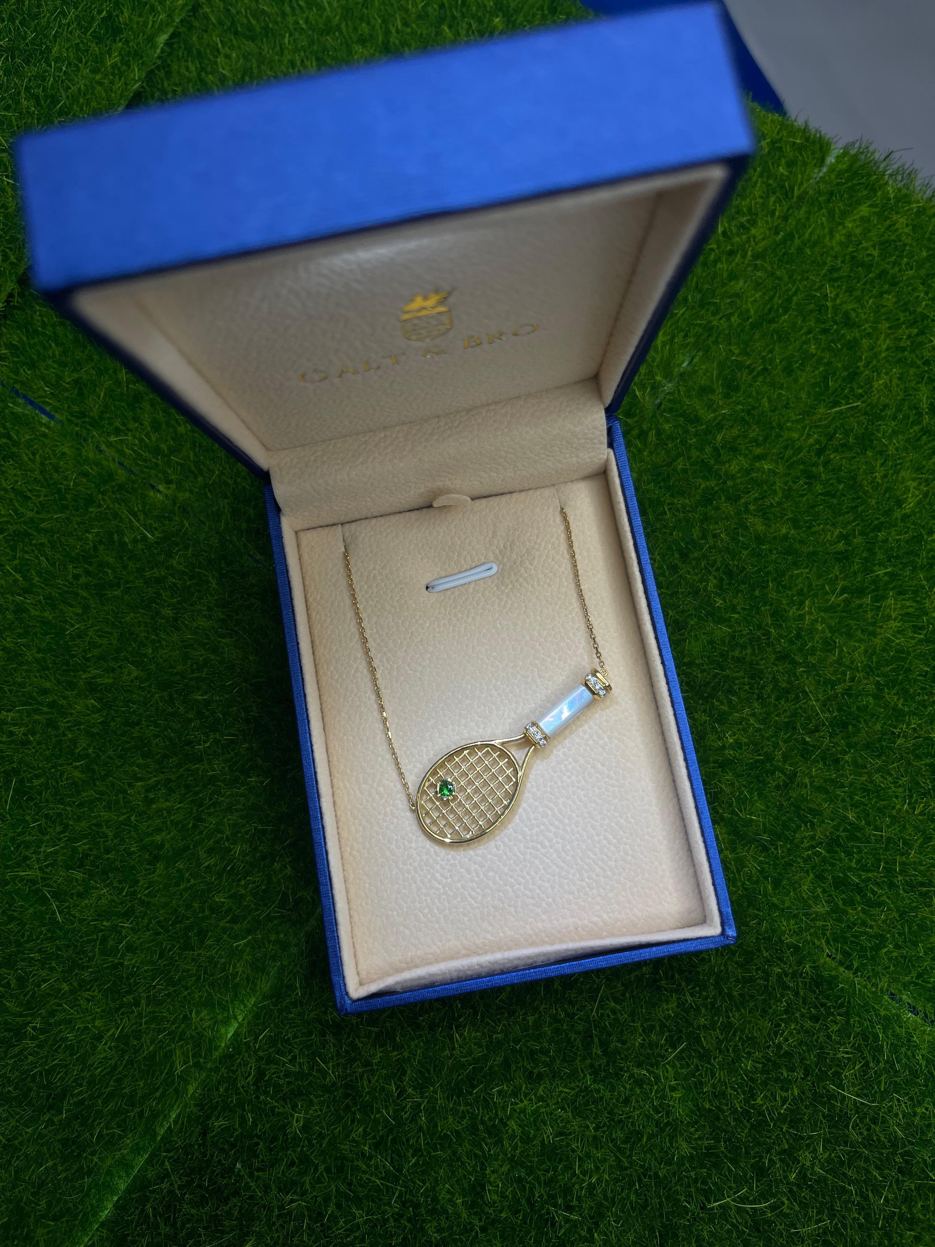 Diamond White Pearl Emerald 18 Karat Gold Tennis Racket Charm Pendant Necklace