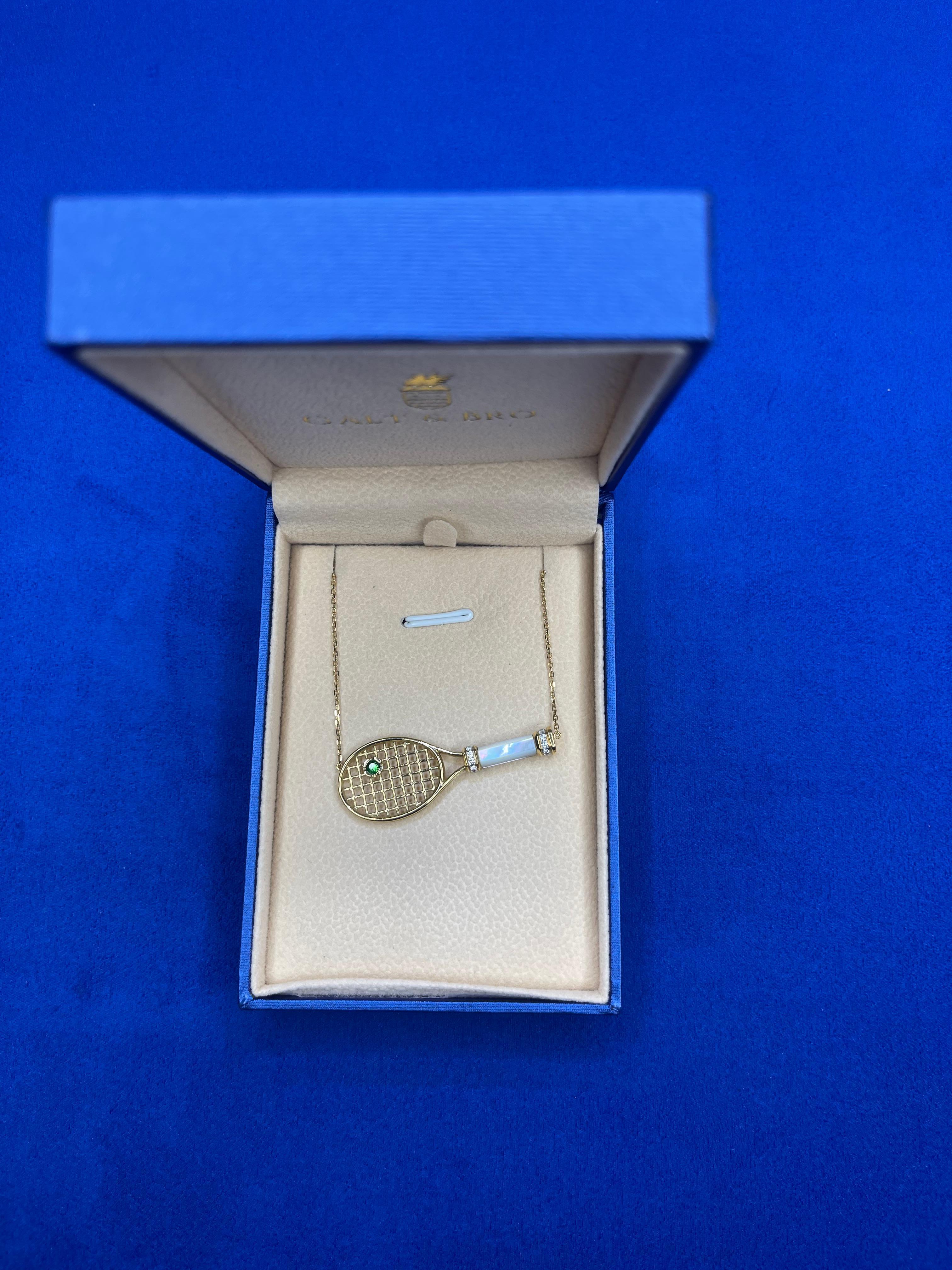 Diamond White Pearl Emerald 18 Karat Gold Tennis Racket Charm Pendant Necklace